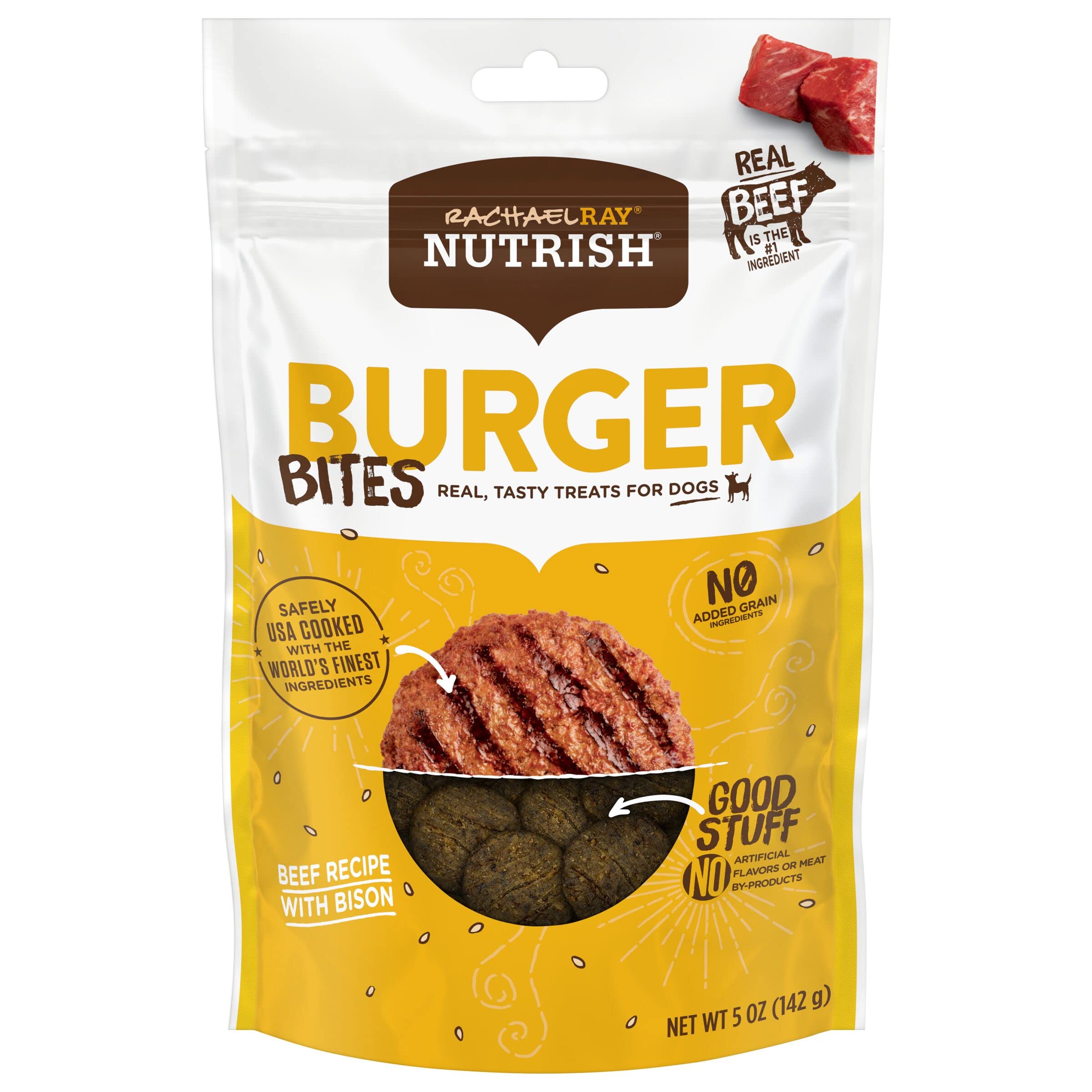 Rachael Ray Nutrish Burger Bites Real Meat Dog Treats, Beef Burger with Bison Recipe, 5 Ounces (Pack of 5), Grain Free