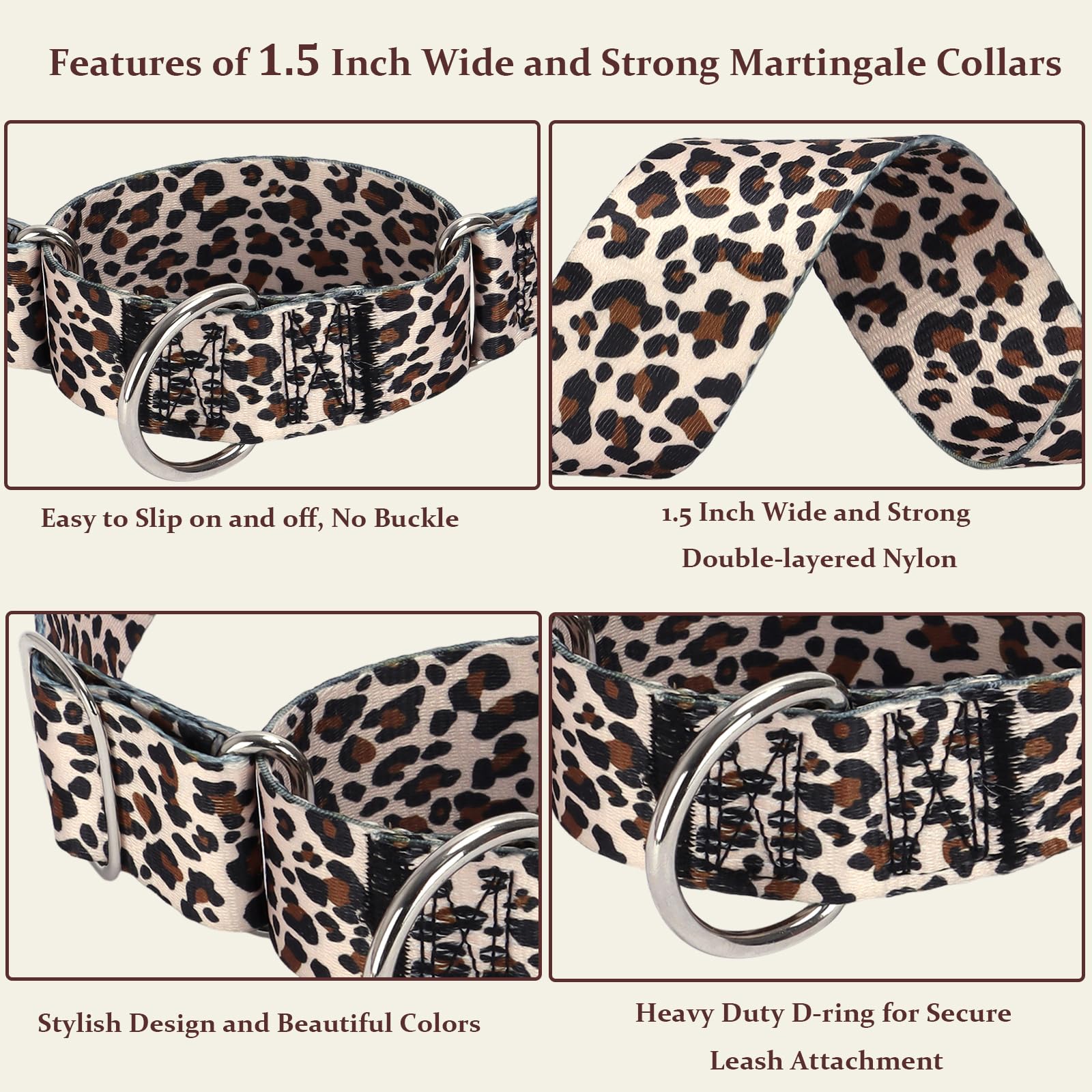1.5 Inches Martingale Collar For Xl Dogs,Wide Adjustable Heavy Duty Training Collars With Leopard Pattern,No Slip Dog Collar Per