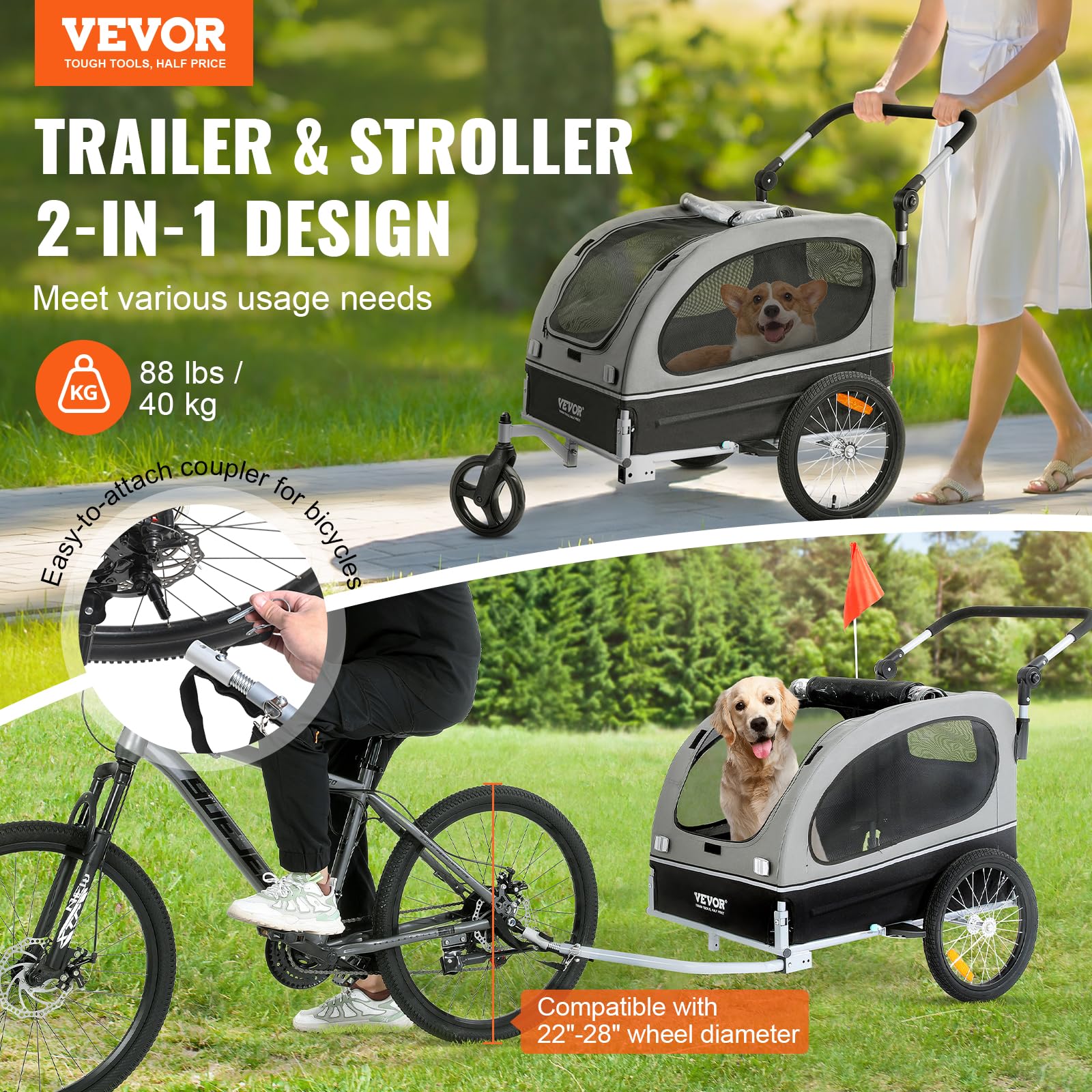 VEVOR Dog Bike Trailer, Supports up to 88 lbs, 2-in-1 Pet Stroller Cart Bicycle Carrier, Easy Folding Cart Frame with Quick Rele