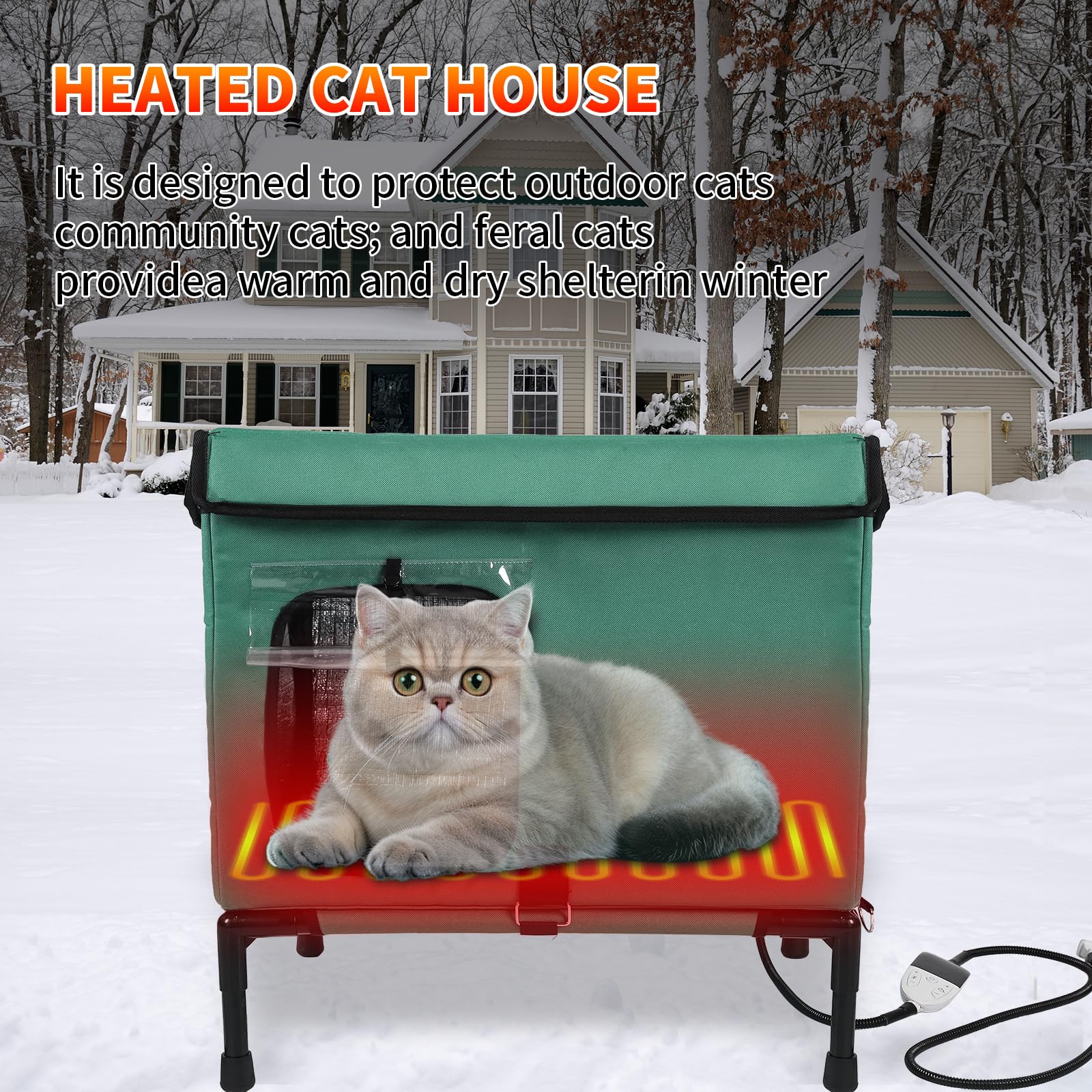 Large Heated Cat House For Outside With Pet Heating Pad Bed
