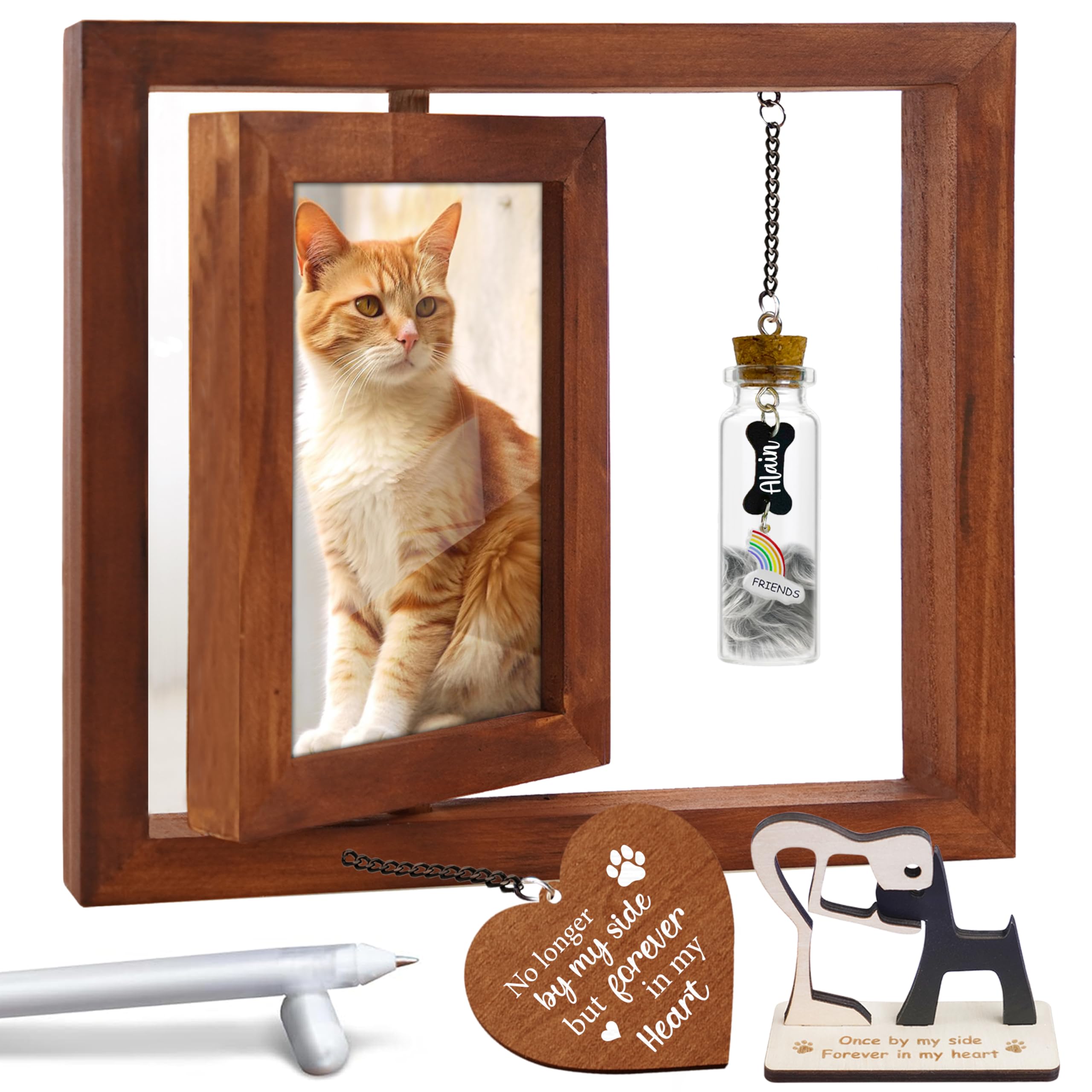 Pet Memorial 4X6 Picture Frame Wooden Rotating Walnut, Dog Cat Remembrance Gifts, Pet Hair Keepsake Fur Jar Rainbow Bridge No Lo