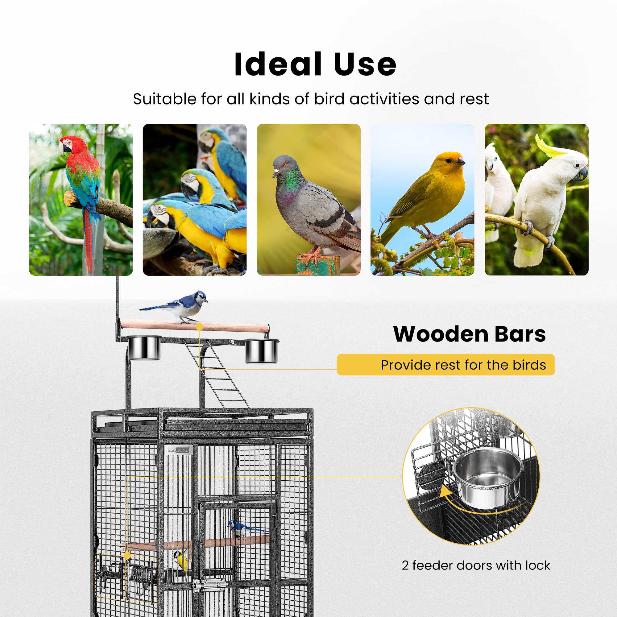 Vivohome 72 Inch Wrought Iron Large Bird Cage With Play Top And Stand For Parrots Lovebird Cockatiel Parakeets Black