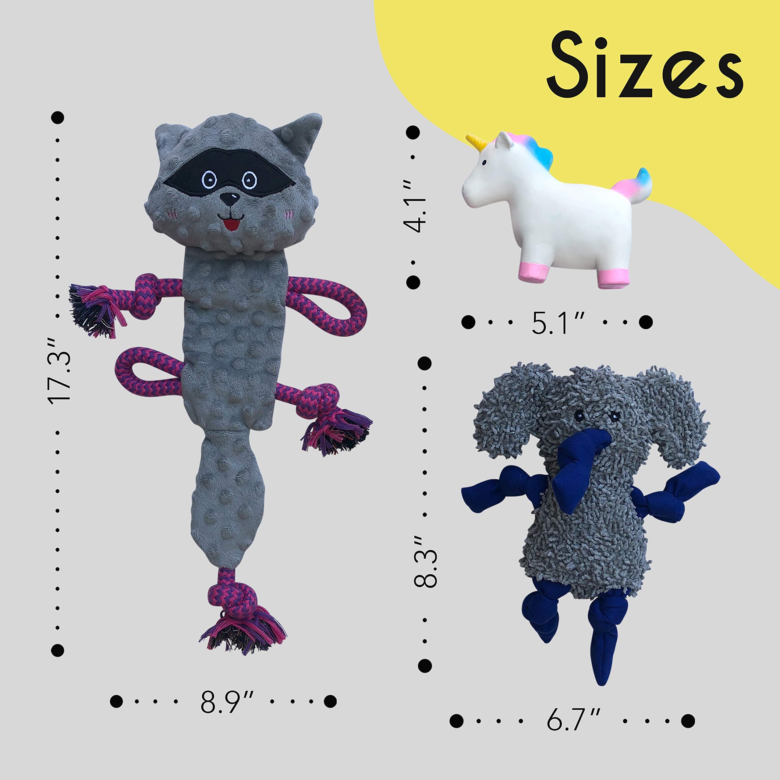 Rocket & Rex No Stuffing Dog Toy | Unstuffed Dog Toys Set With Squeakers | Includes A Stuffing Free Rope Toy, Rubber Squeaker Toy And Plush Toy | For Small To Medium Breeds | Dog Stocking Stuffer