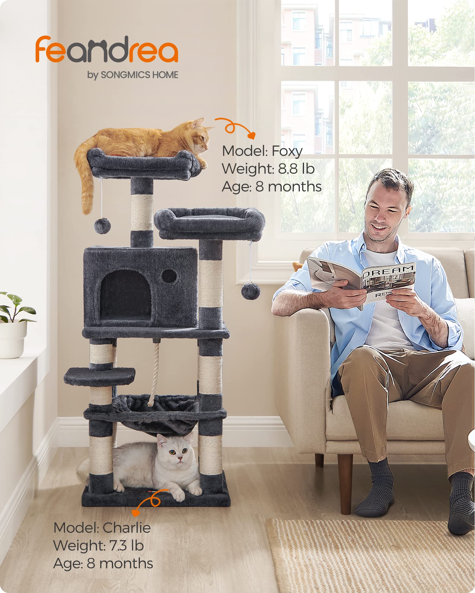 Feandrea Cat Tree, 44.1-Inch Cat Tower For Indoor Cats, Multi-Level Cat Condo With 11 Scratching Posts, 2 Perches, Cave, Hammock
