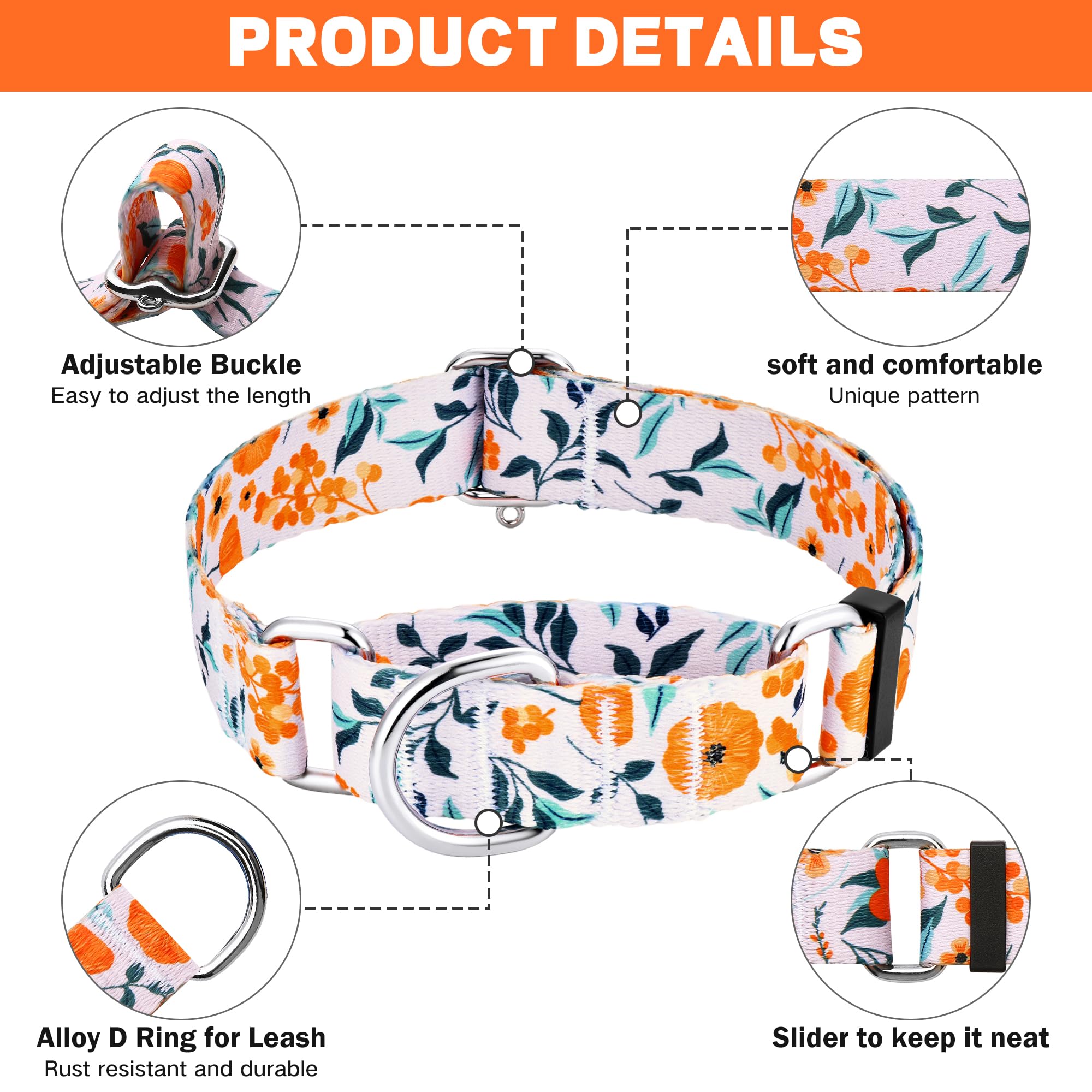 Hikiko Martingale Collar For Dogs With No Buckle Flower Dog Collars Comfortable Nylon Training Collar For Large Dogs,Retro Orang
