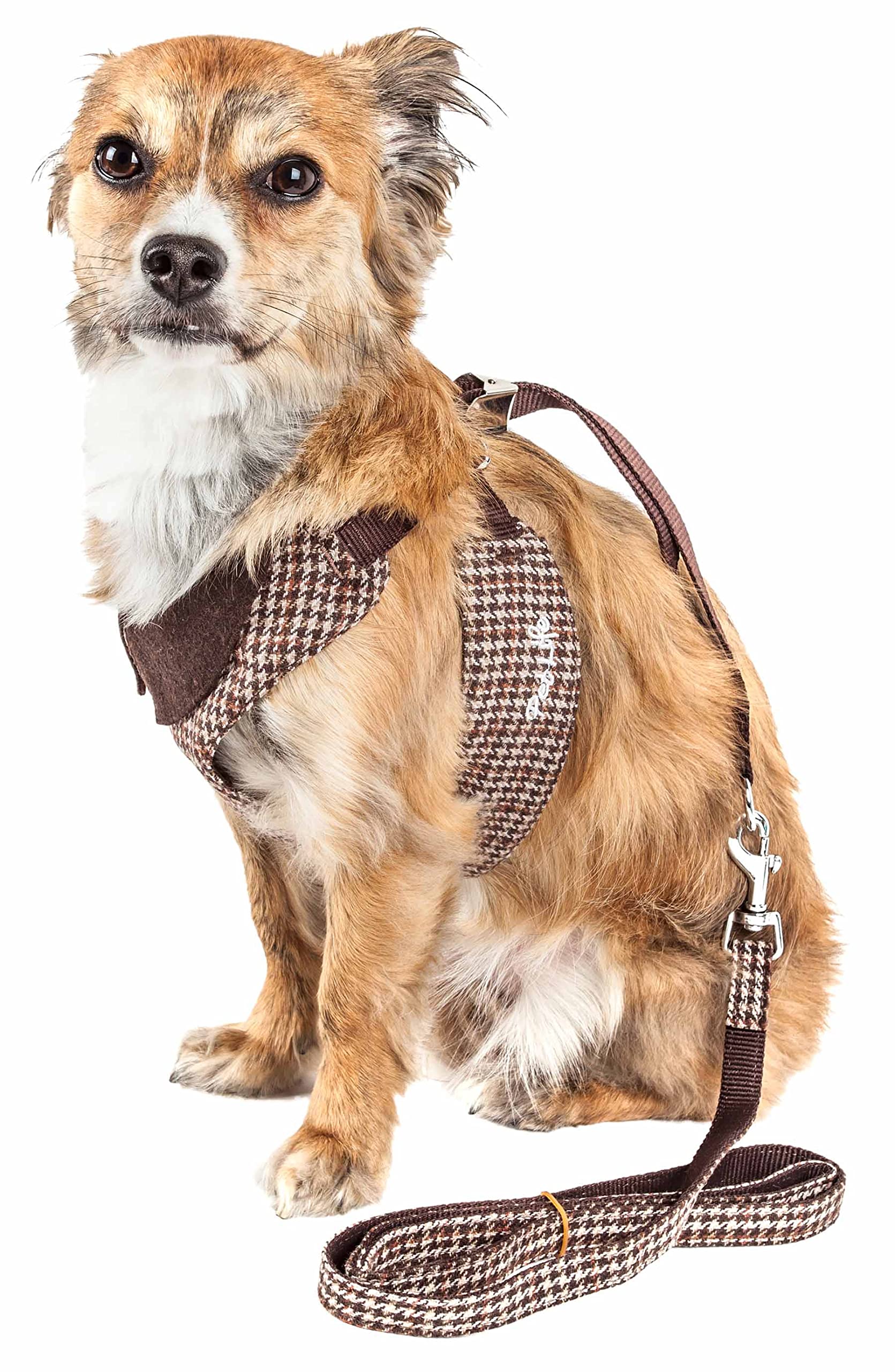 Pet Life ® Luxe Collection Houndsome 2-in-1 Dog Harness and Leash with Fashion Dog Collar - Pet Harness with Reversible Mesh and Alloy Dog Leash Attachment Brown
