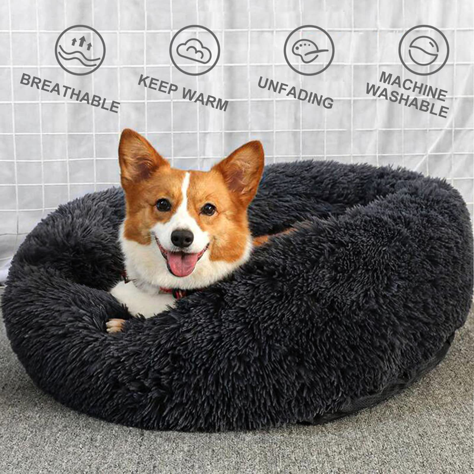 Patas Lague Calming Dog Bed For Medium Dogs, Fluffy Soft Cozy Cat Bed, Faux Fur Anti-Anxiety Plush Washable Pet Donut Cuddler Fo