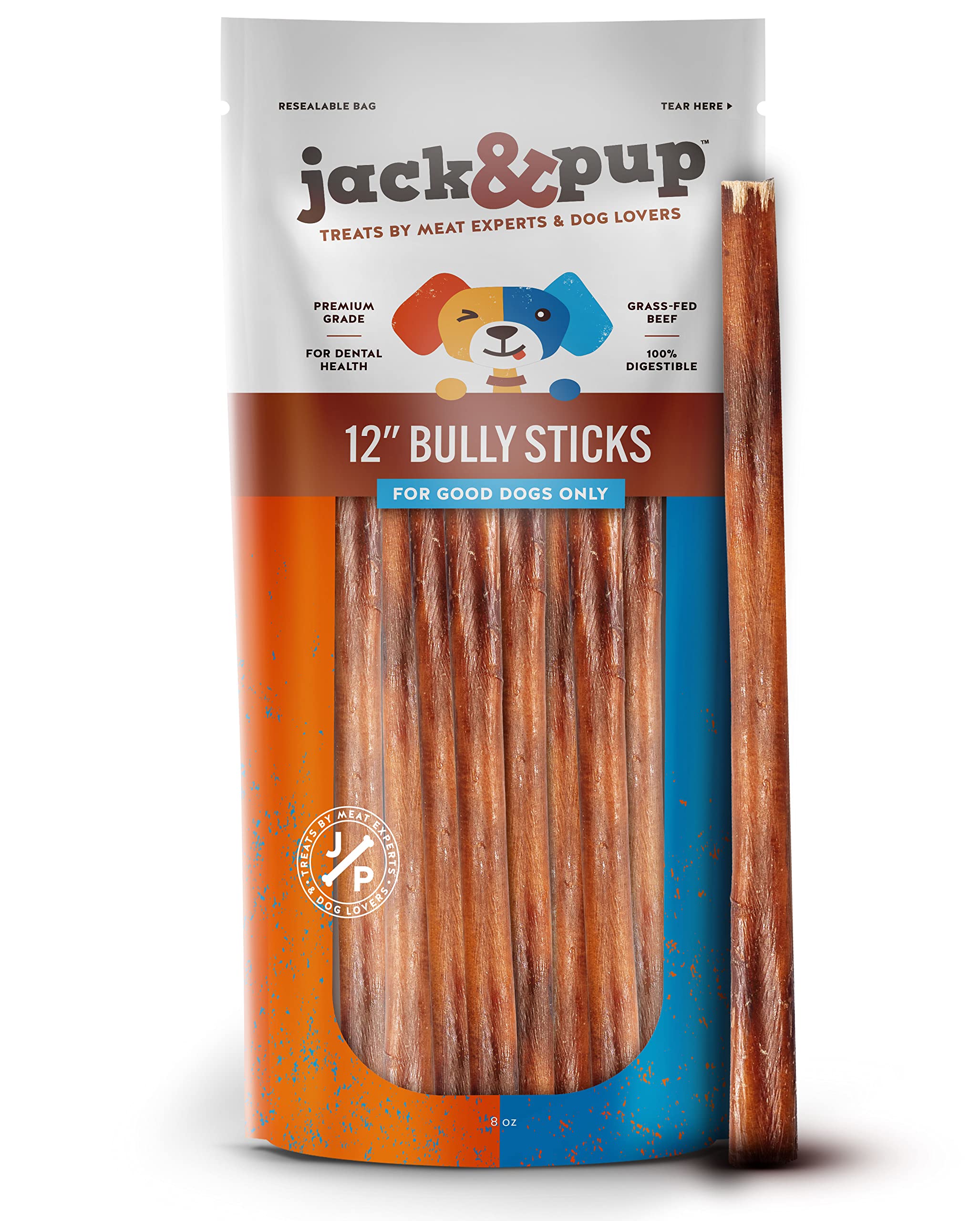 Jack&Pup 12 Inch Bully Sticks | Long Lasting, Odor Free, Single Ingredient (5 Pack)