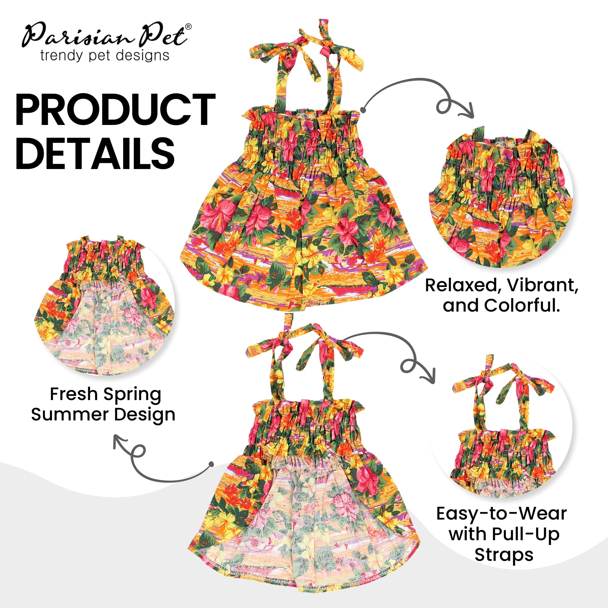 Parisian Pet Hawaiian Dog Dress - Floral Beach Outfit - Breathable Summer Clothes - Pull-Up Straps - Xs