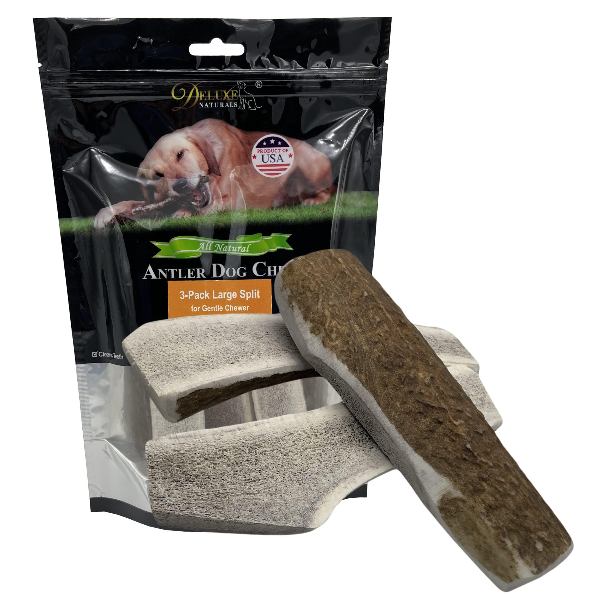 Deluxe Naturals 3-Pack Large Split Elk Antler Dog Chews (6 to 7.5+ in) - All-Natural, Long-Lasting Antlers for Small & Medium Do