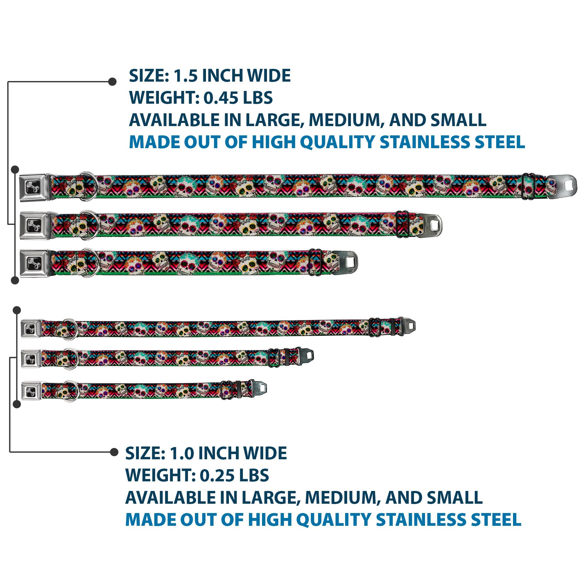 Buckle-Down Dog Collar Seatbelt Buckle Sugar Skulls Zarape Multi Color 15 To 26 Inches 1.0 Inch Wide (Dc-W34561-L)
