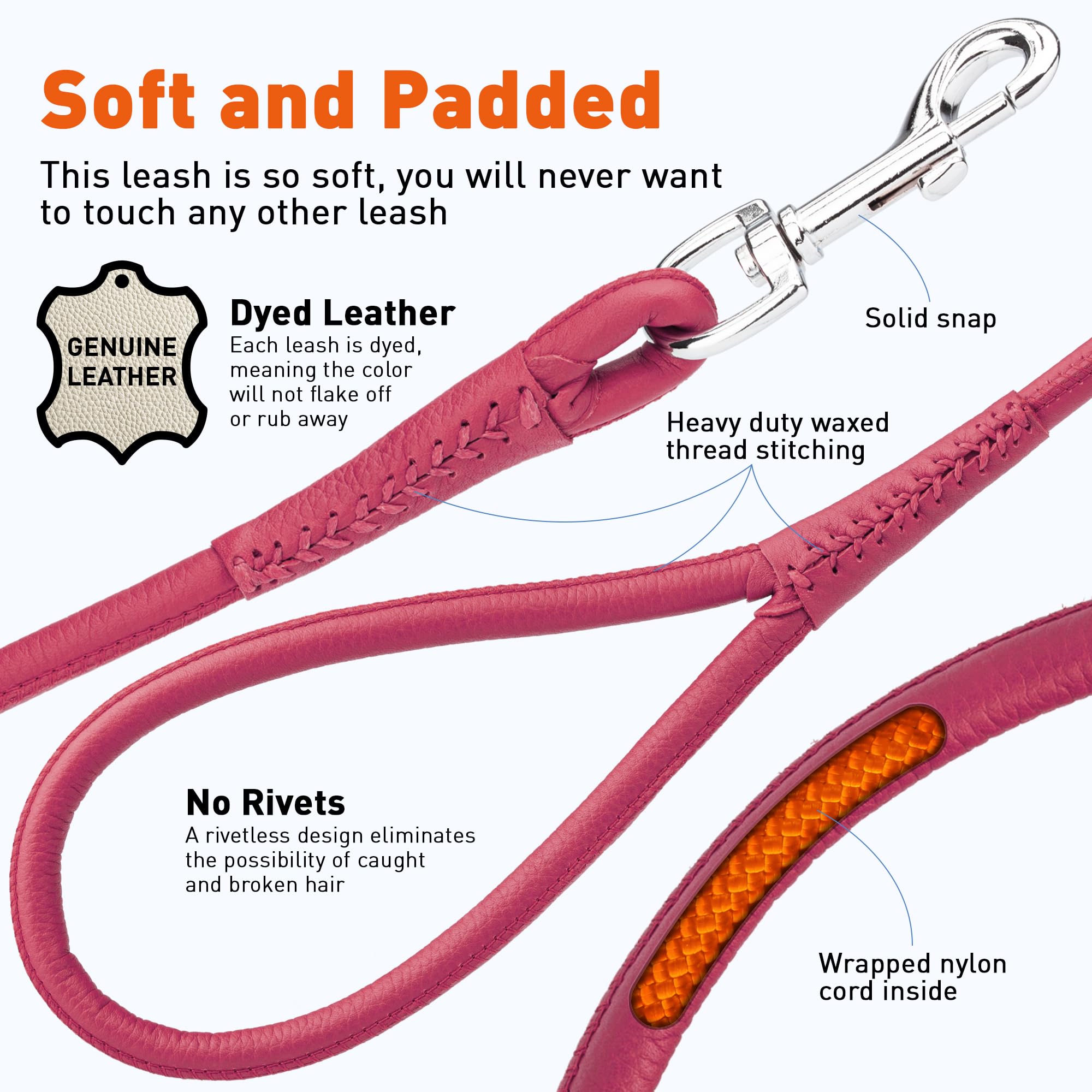Dogline Soft And Padded Rolled Round Leather Leash For Dogs W1/4' - L72, Hot Pink