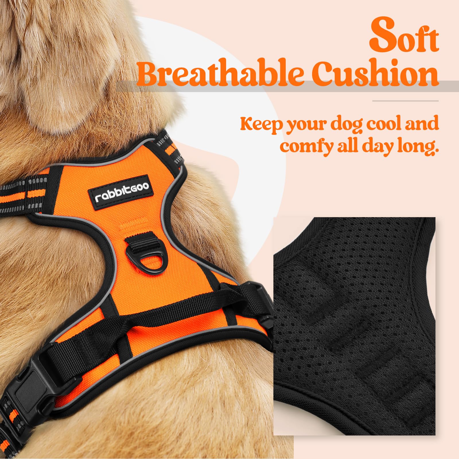 Rabbitgoo Dog Harness No Pull With 2 Leash Clips, Adjustable Soft Padded, Reflective Oxford No Choke Pet Vest With Easy Control Handle For Large Dogs,Orange,L