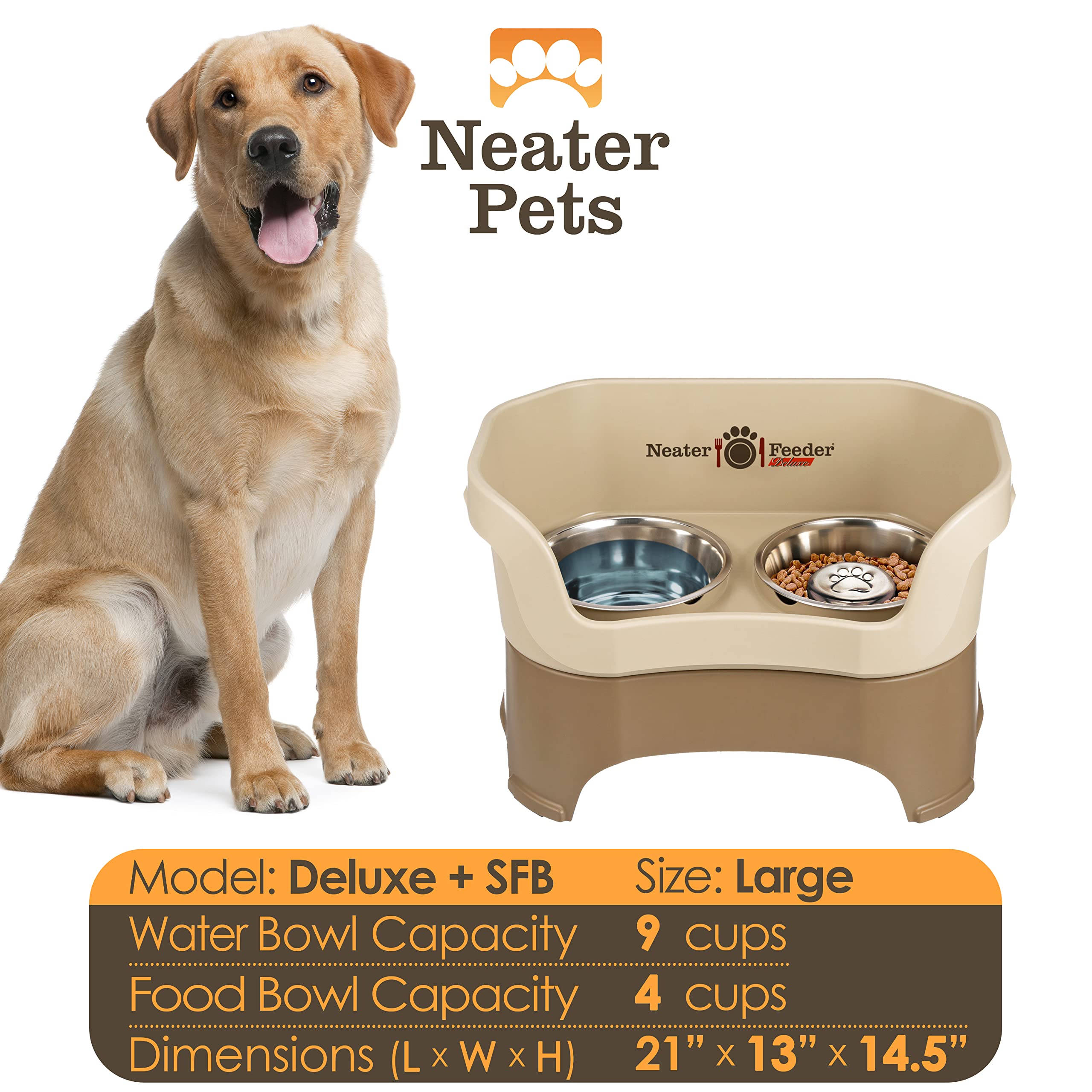 Neater Feeder Deluxe Mess Proof Dog Bowls Elevated for Large Breeds - Made in USA - No Spill Raised Slow Feeder Elevated Dog Bow