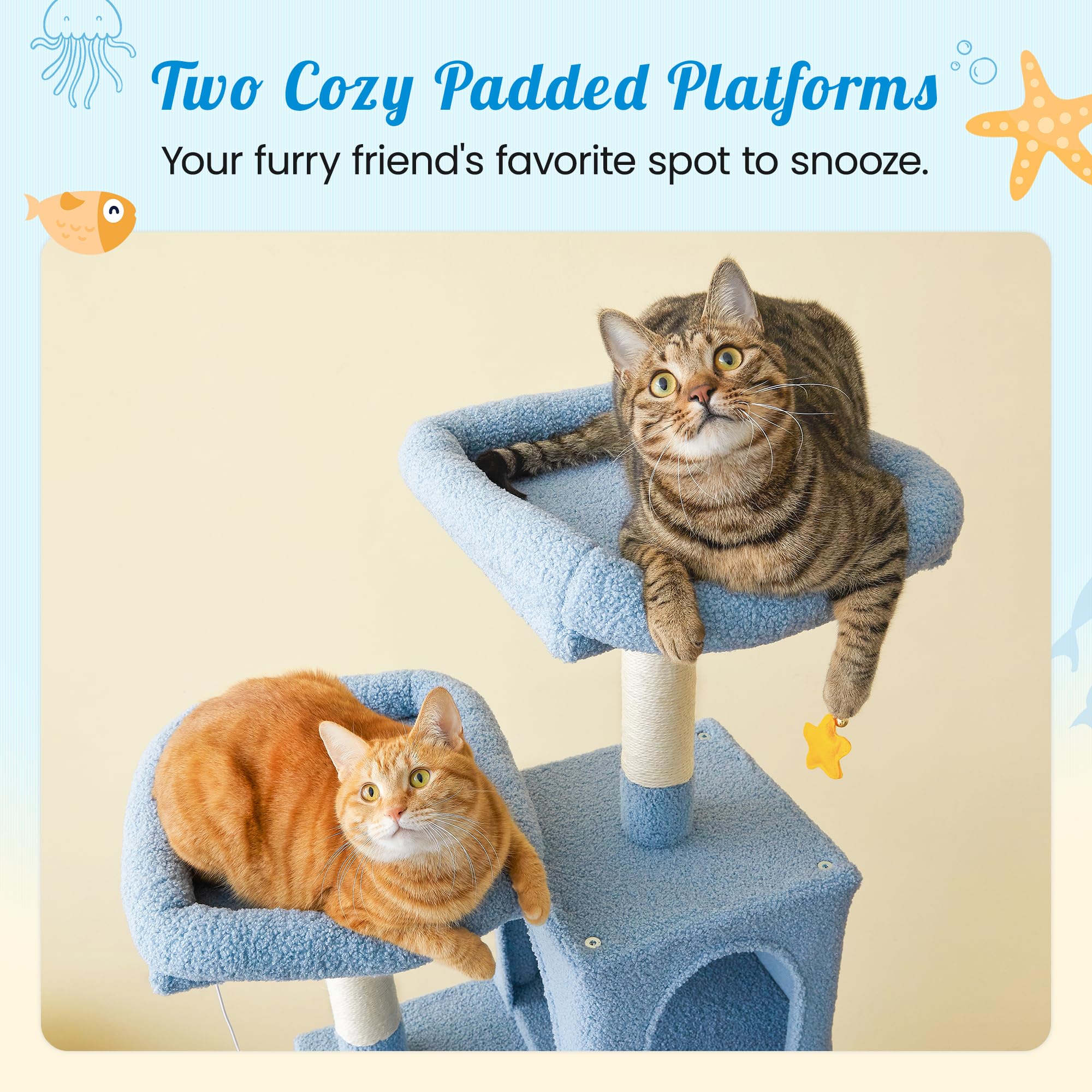 MWPO Ocean Cat Tree, 70.1-Inch Multi-Level Tower, Blue, Plush Condo with Big Perches & Scratching Posts, Model US-130MAX-K