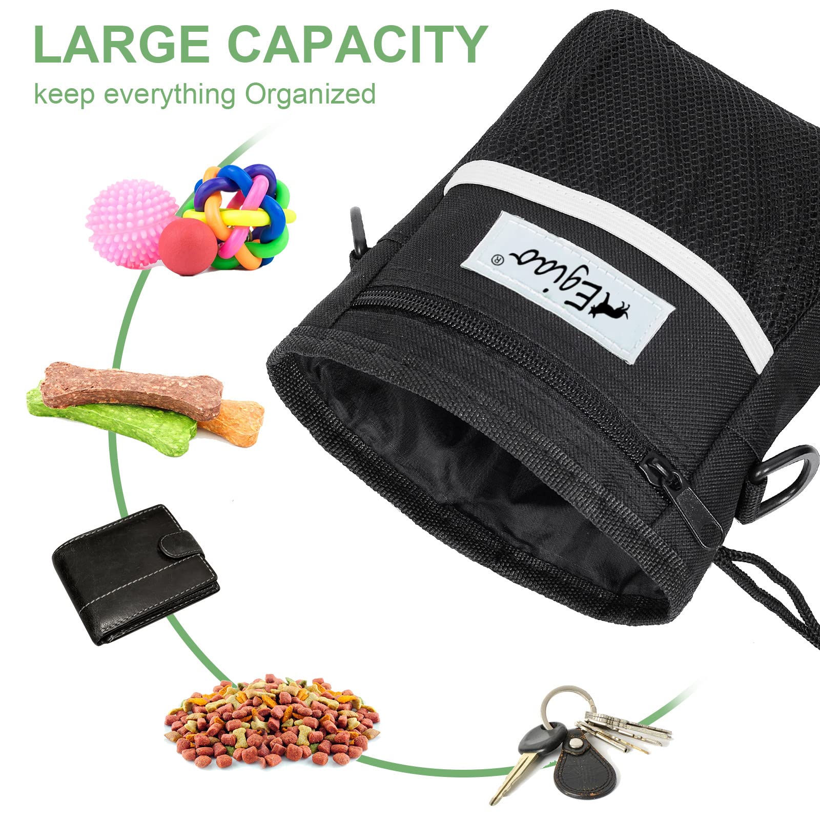 Egiao Dog Treat Pouch with Drawstring Closure, Puppy Training Bag, Built-in Pet Poop Bag Dispenser, Waist Belt Clip, 3 Ways to W