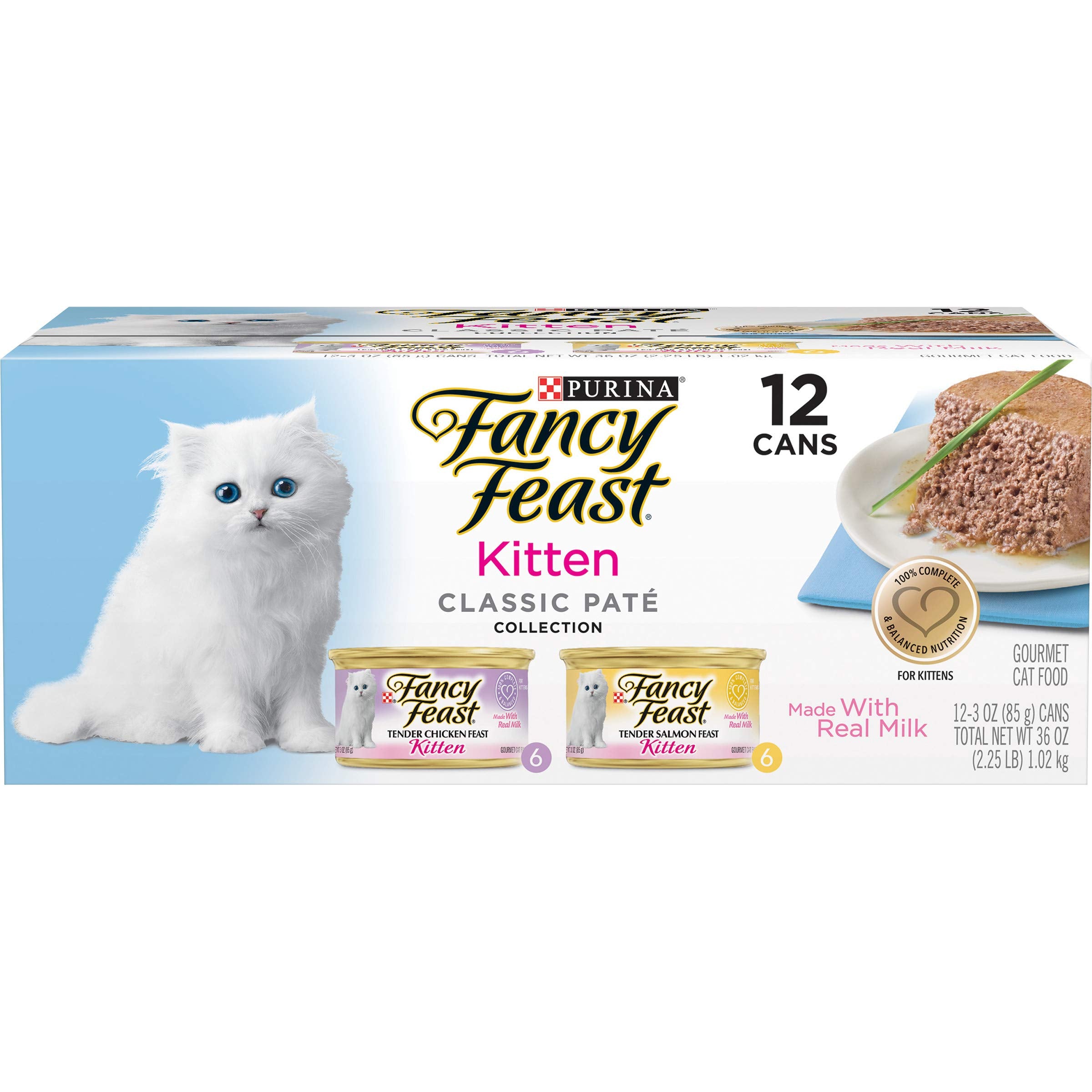 Purina Fancy Feast Grain Free Pate Wet Kitten Food Variety Pack, Kitten Classic Pate Collection Chicken & Salmon - (2 Packs of 1