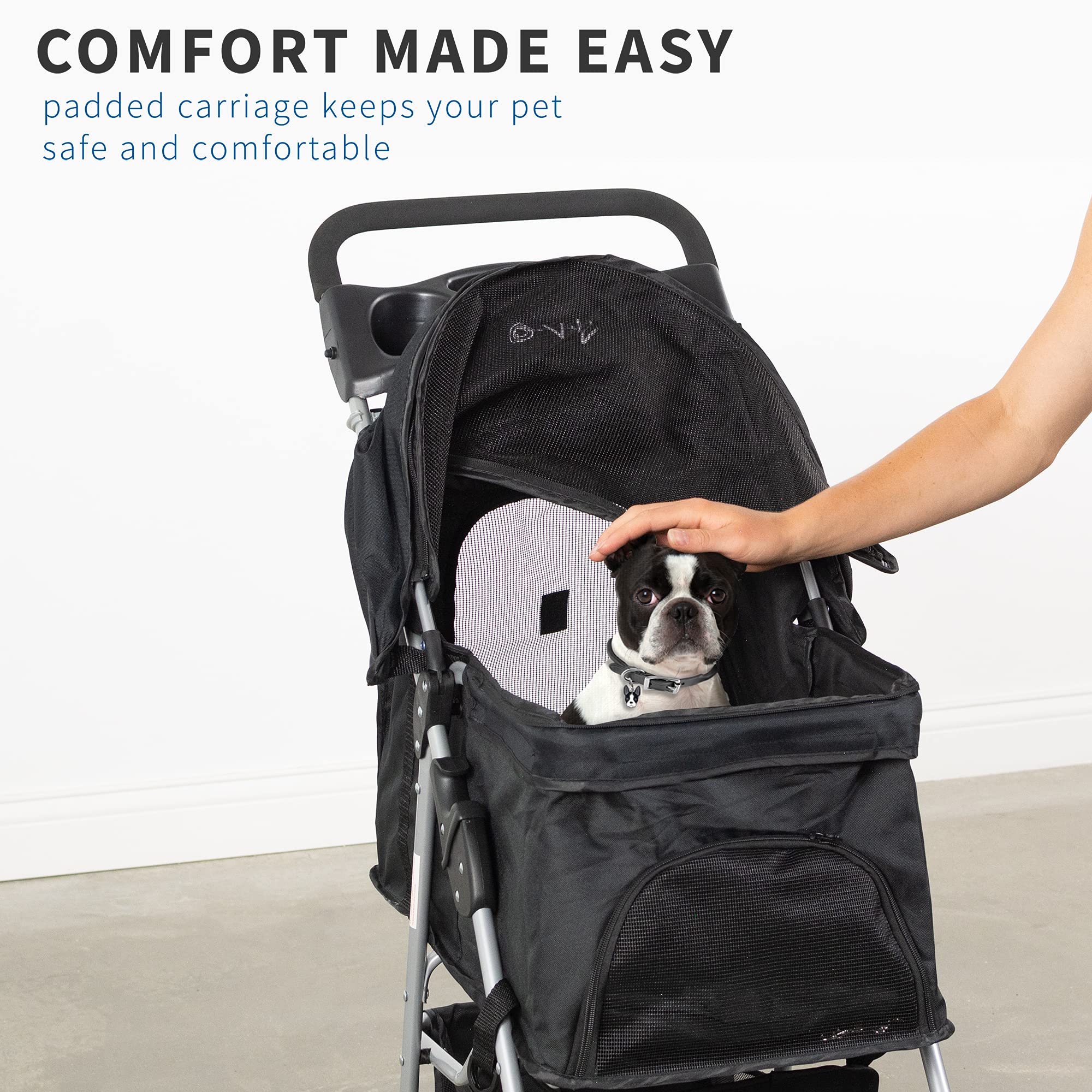 Vivo Black 4 Wheel Pet Stroller For Cat, Dog And More, Foldable Carrier Strolling Cart, Strolr-V001K