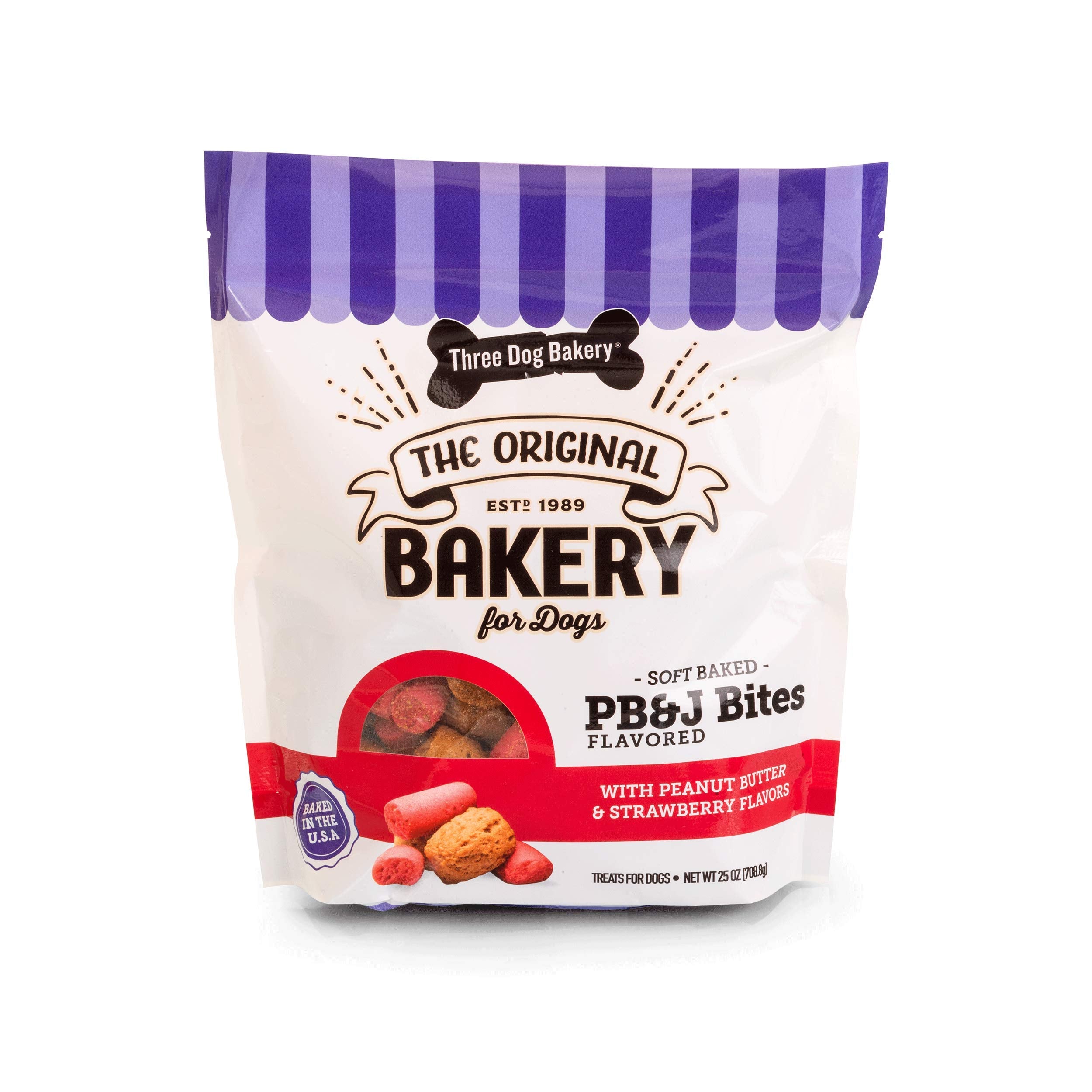 Three Dog Bakery Soft Baked PB&J Bites, Peanut Butter & Strawberry Flavor, Premium Treats for Dogs, 24 Ounce Box,114008