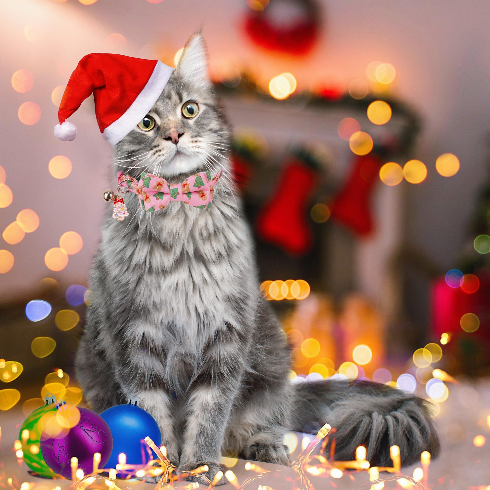 Adoggygo Pink Christmas Cat Collar With Bowtie Bandana, Kitten Bandana Collar, Pet Christmas Collars