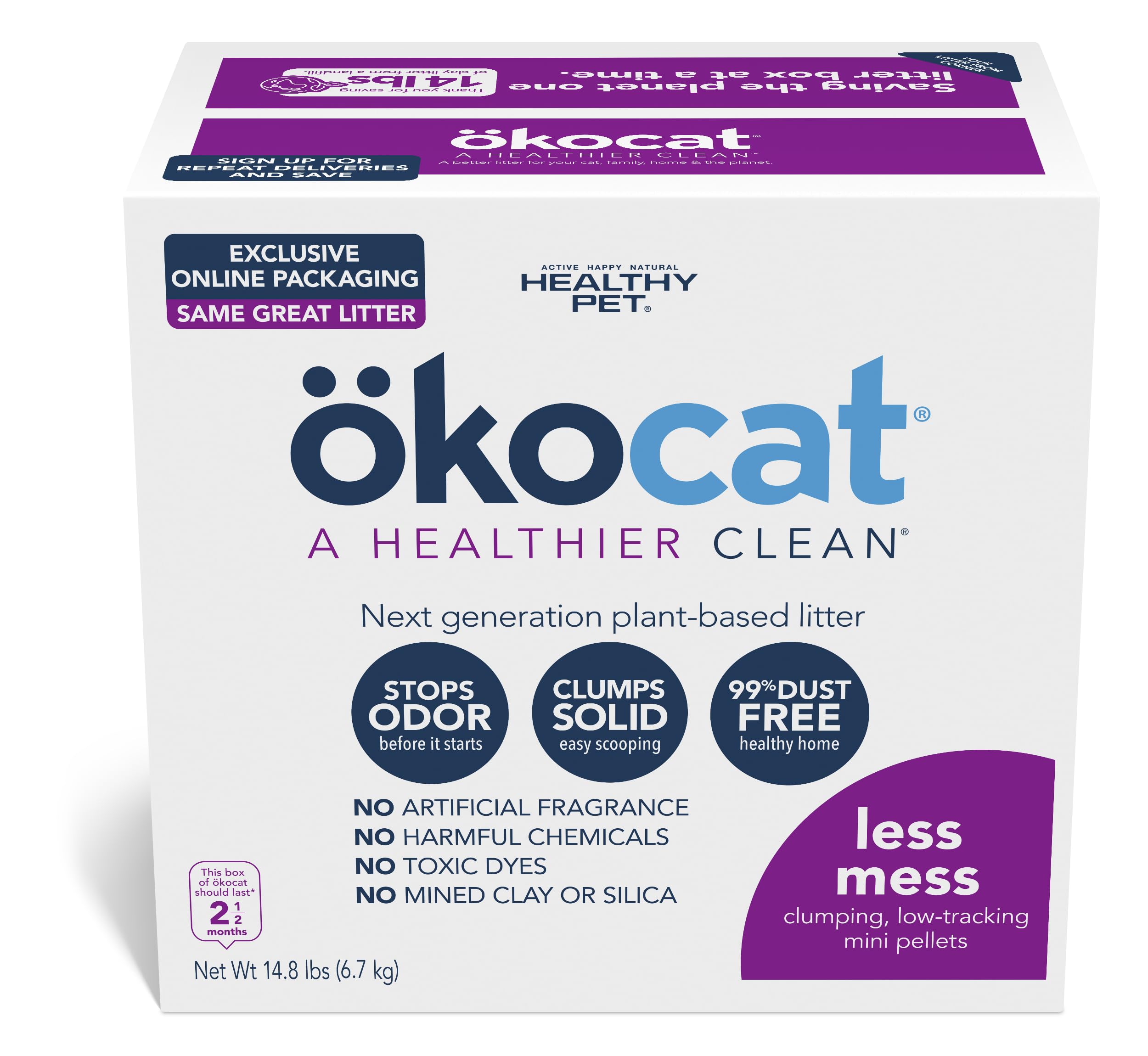 Ökocat Less Mess Low Tracking Wood Clumping Cat Litter Mini- Pellets, Unscented, 14.8 Pounds - Natural Ingredients, Stops Odor, Clumps Solid, 99% Dust Free, Great For Long-Hair Breeds, All Cats