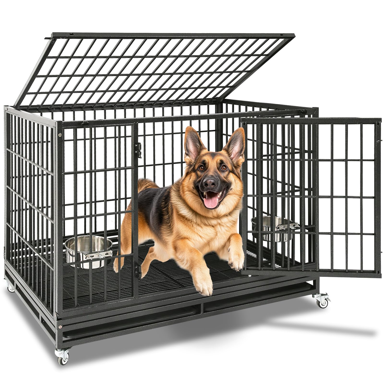 Homey Pet 48 Inch Stackable Heavy Duty Dog Crate Indestructible, Escape Proof Dog Cage With Wheels, Two Removable Trays, High An