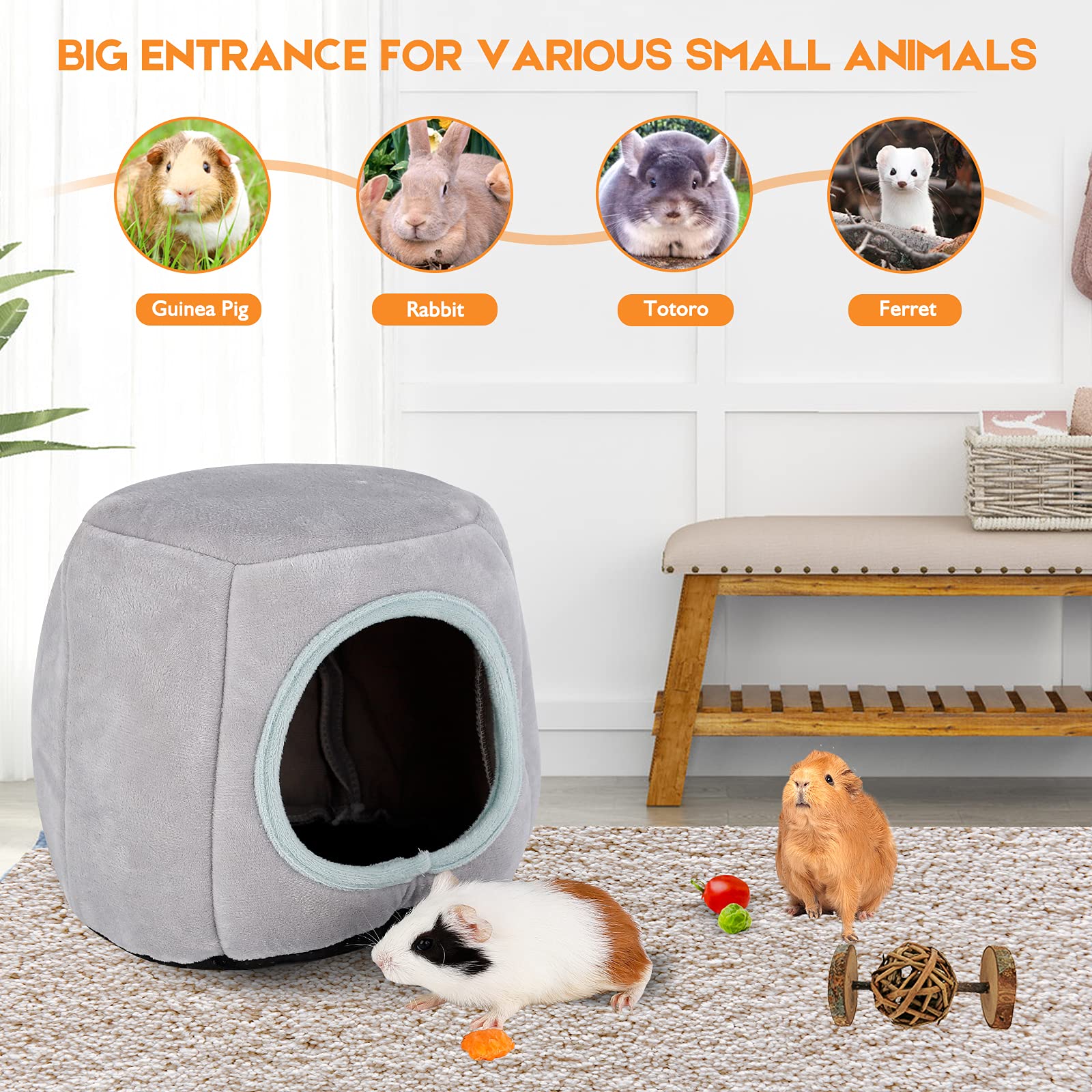 ONEJU Guinea Pig Bed & Hideout - Gray & Light Blue, 10.6L x 10.2W x 11.0H, Ideal for Guinea Pigs, Rabbits &