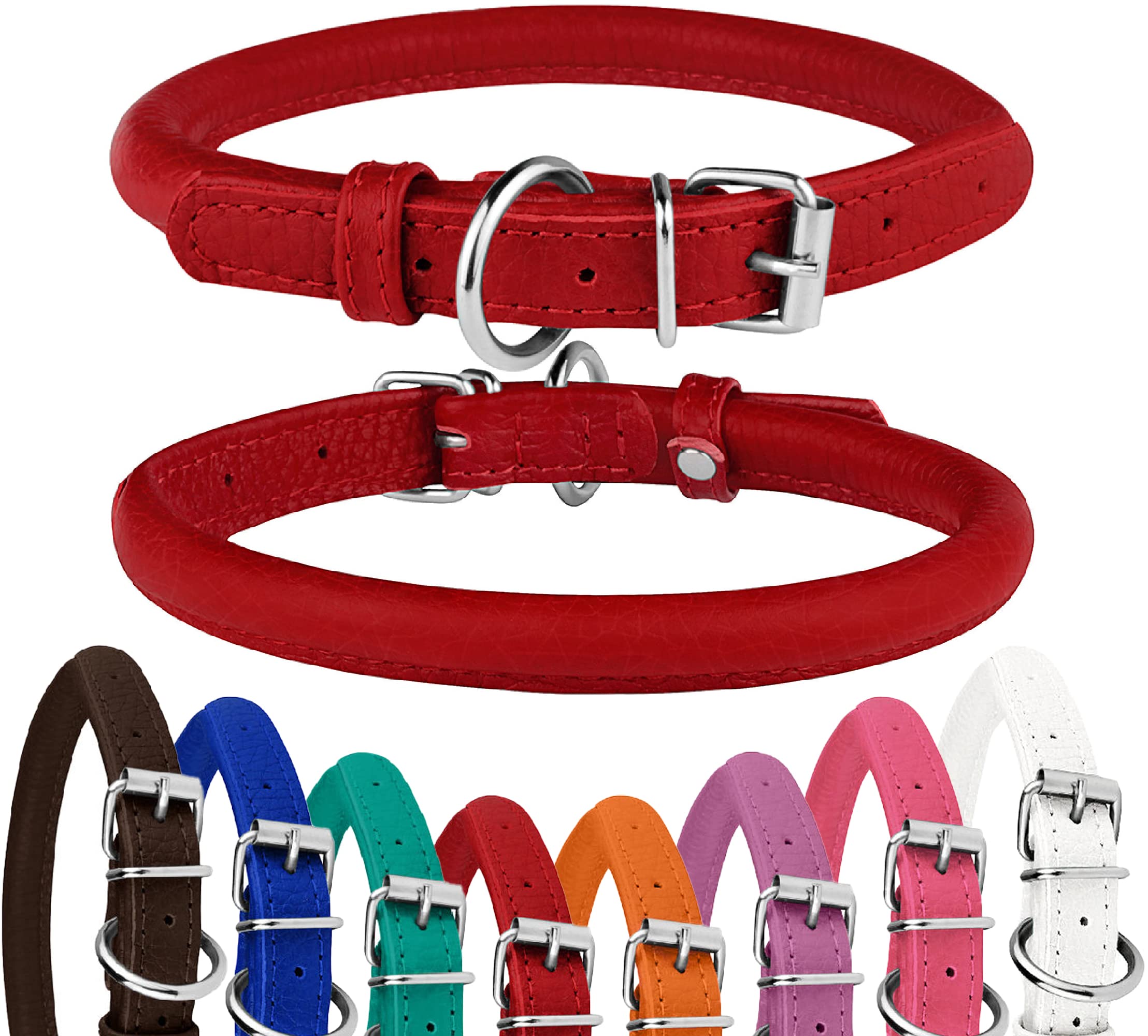 Rolled Leather Dog Collar Soft Round Collars, Id Tag For Small Medium Large Dogs (9'' - 11'' Neck Fit, Imperial Red)