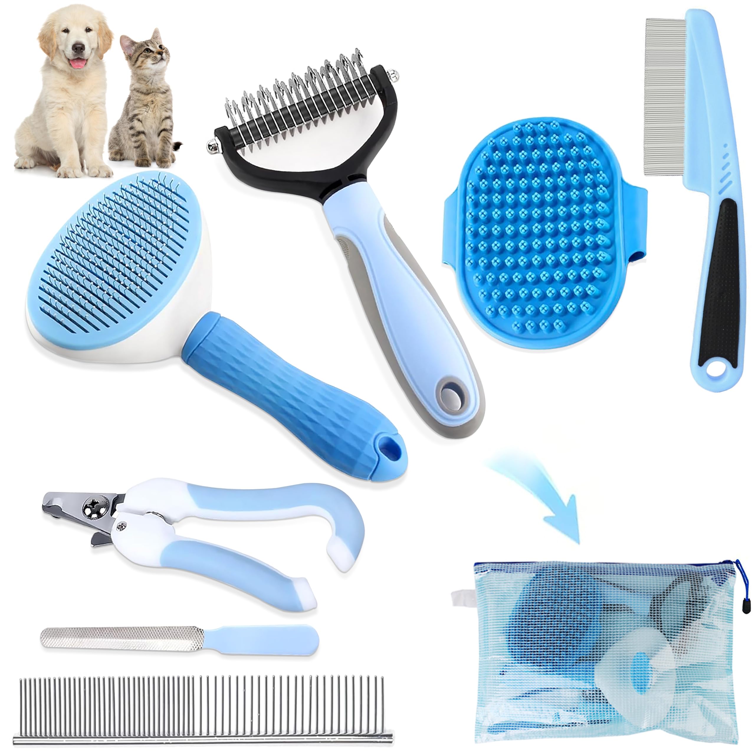 Lanswood Dog Brush Dog Grooming Kit 7Pcs Dog Brush For SheddingDog Brushes For Grooming, Dematting Comb For Dogs, Cat Nail Clip