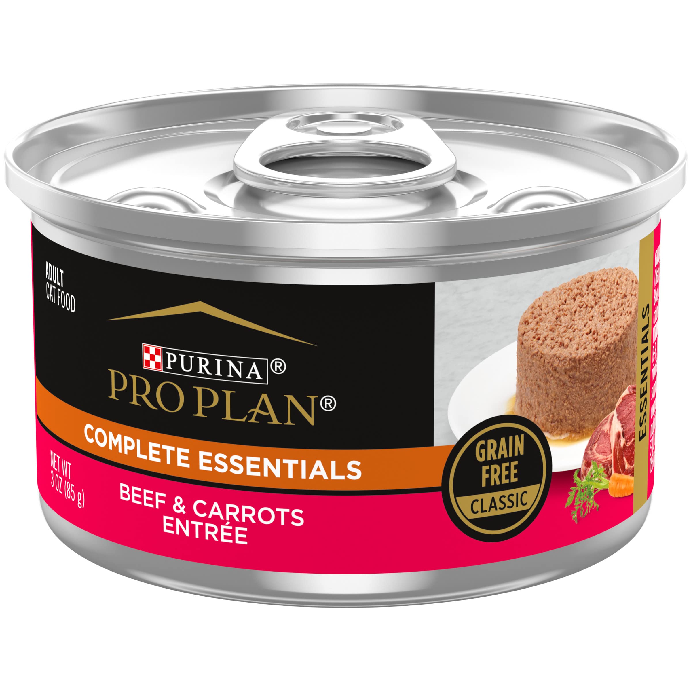 Purina Pro Plan Grain Free Wet Cat Food Pate, COMPLETE ESSENTIALS Beef & Carrots Entree Classic - (Pack of 24) 3 oz. Pull-Top Ca