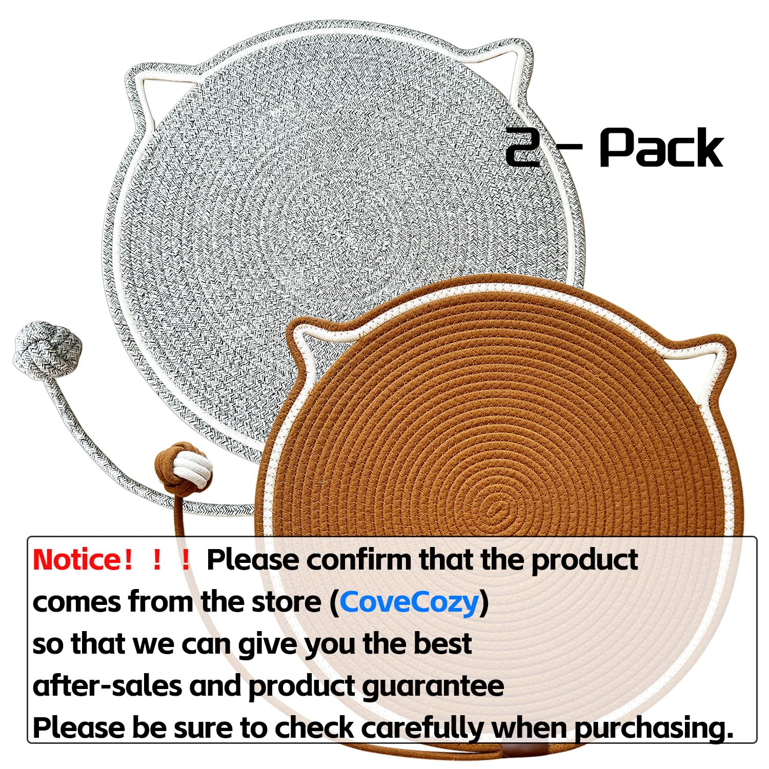 Covecozy Cat Scratching Mat Natural Cotton Rope Cat Scratching Pad, Large Size Scratcher Pad With Toy (2 Packs 19.6') (Grey + B