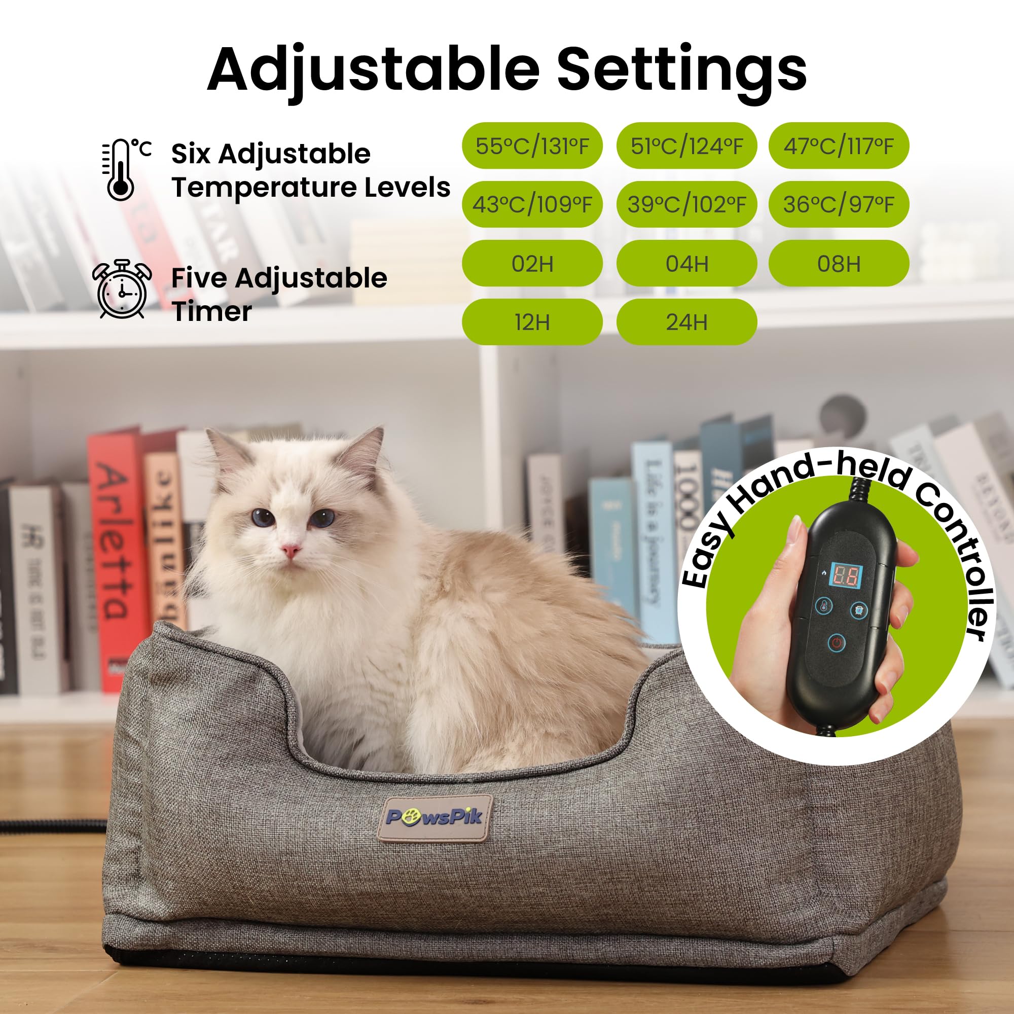 PAWSPIK Heated Cat Bed - Electric Pet Warmer for Indoor Use, One Size, Ash Gray, Sherpa Lined, Model PSPK-HB01