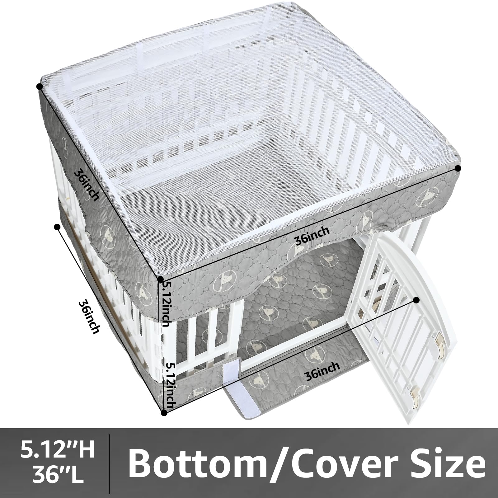 PJYuCien Dog Playpen Bottom Pad & Cover, 36" 4 Panels, Small, Grey, Polyester, Model 24BT-Grey