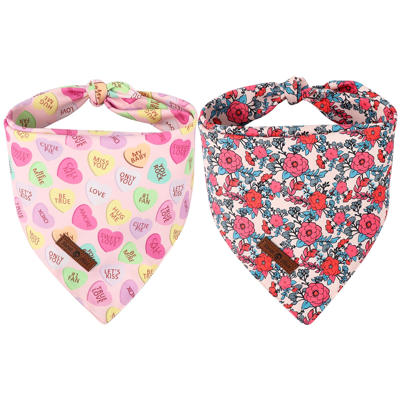 Lionet Paws Valentine'S 2Pcs Dog Bandanas, Red Floral Dog Scarf Bib Premium Fabric, Happy Valentine Heart Bandanas For Medium La