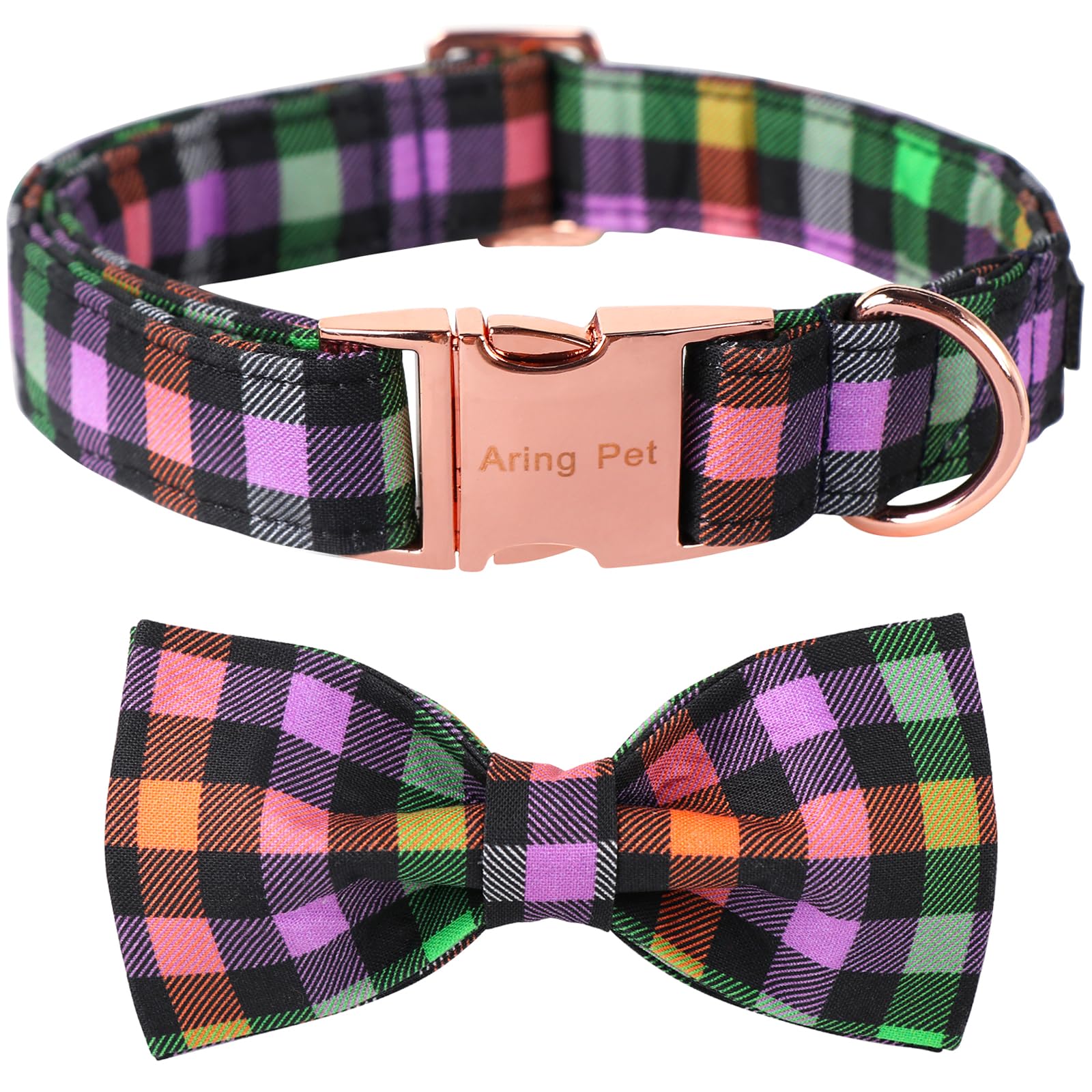 Aring Pet Halloween Dog Collar, Cute Cotton Fall Dog Collar With Bow, Adjustable Halloween Plaid Pet Collars With Metal Buckle