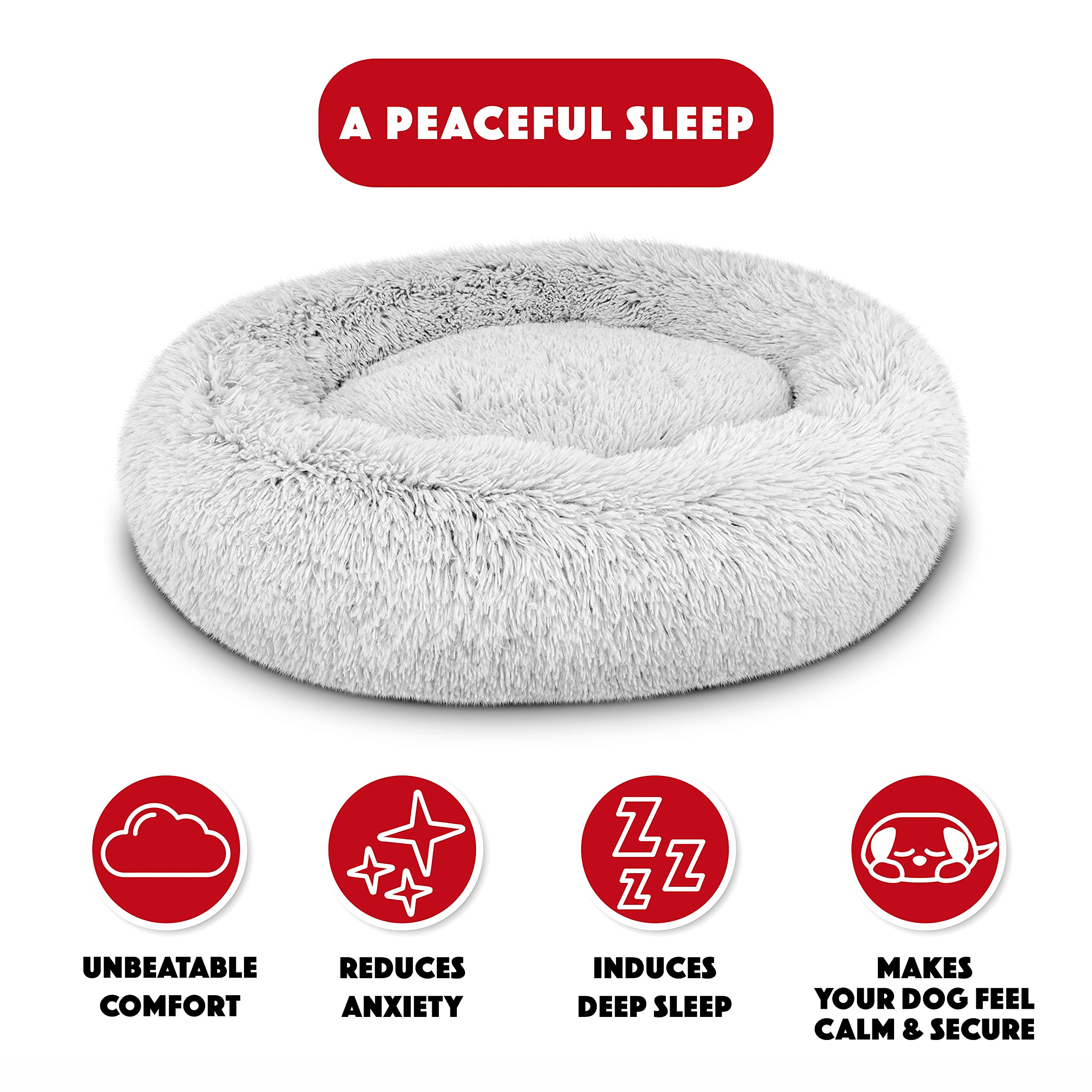 The Dogs Bed Sound Sleep Donut Dog Bed, Medium Ice White Fur Calming Nest Bed, Veterinary Approved