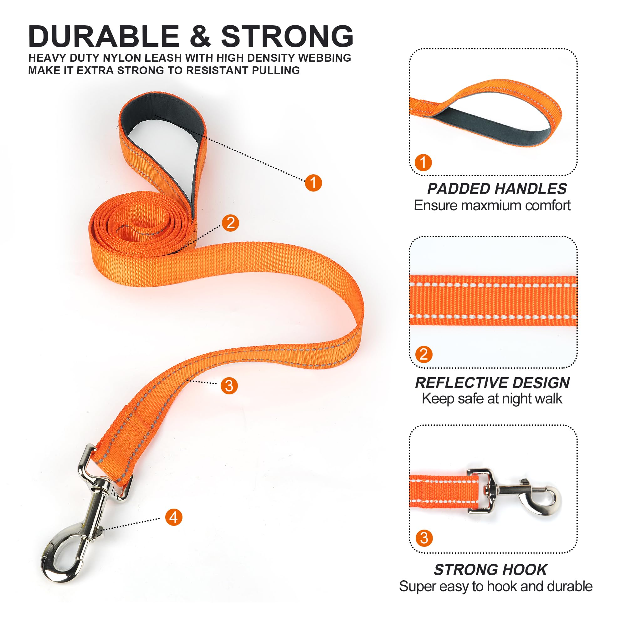 Twoear Dog Leashes For Large Dogs Heavy Duty, Comfortable Soft Padded Handle, Double-Sided Reflective Nylon Dog Leash For Medium & Large Dogs Walking