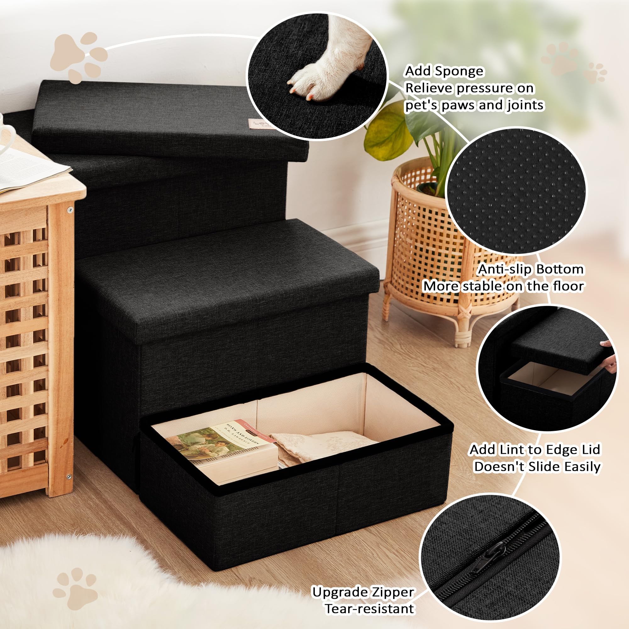 Loves cabin Dog Stairs with Storage,3 Steps Wider Dog Steps for High Bed 18 H,Foldable Pet Stairs for Small Medium Large Dogs C
