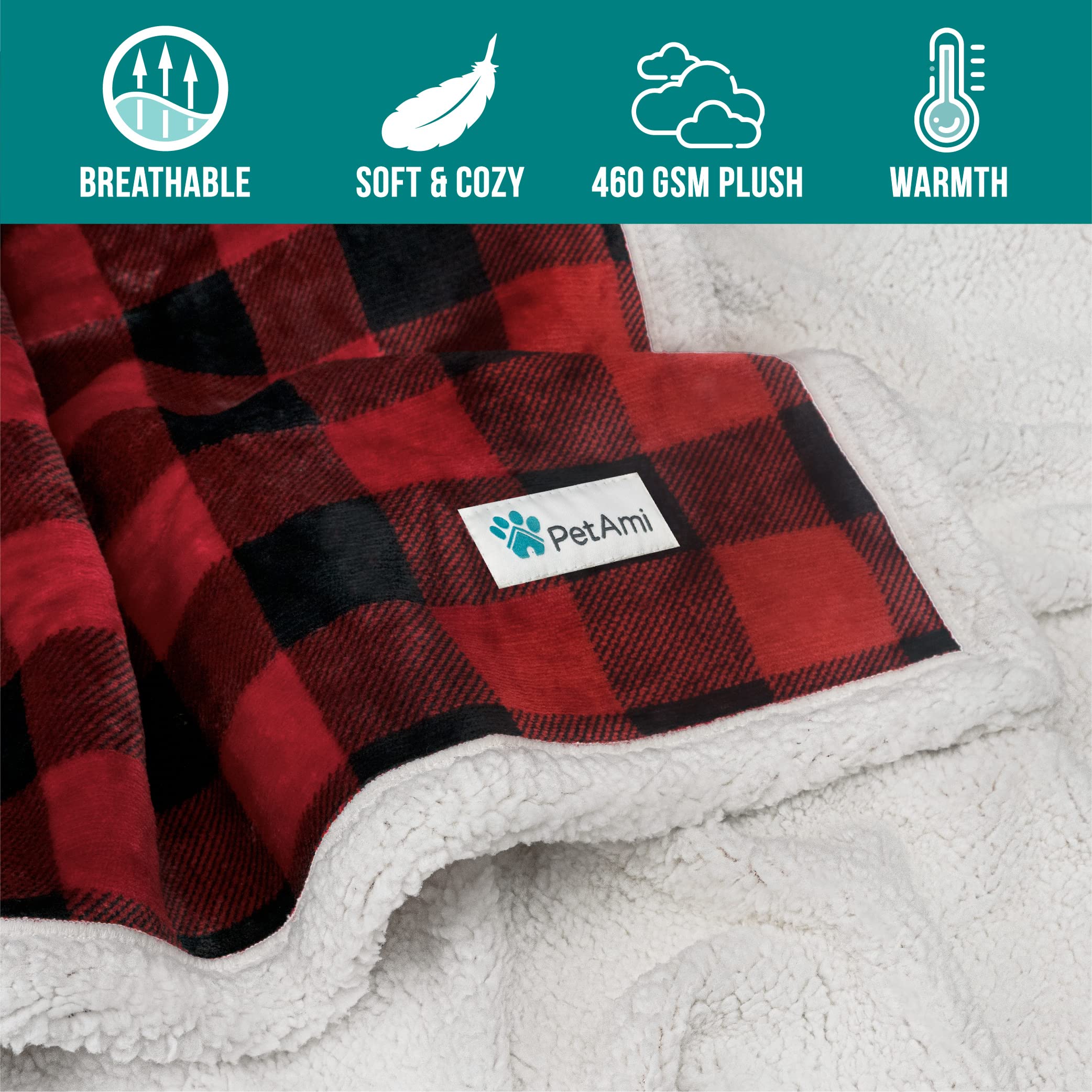 Petami Dog Blanket For Medium Large Dogs, Pet Bed Blanket Cat Puppy Kitten, Fleece Furniture Couch Cover Protector Sofa Car, Soft Sherpa Dog Throw Plush Reversible Washable, 40X60 Checker Red