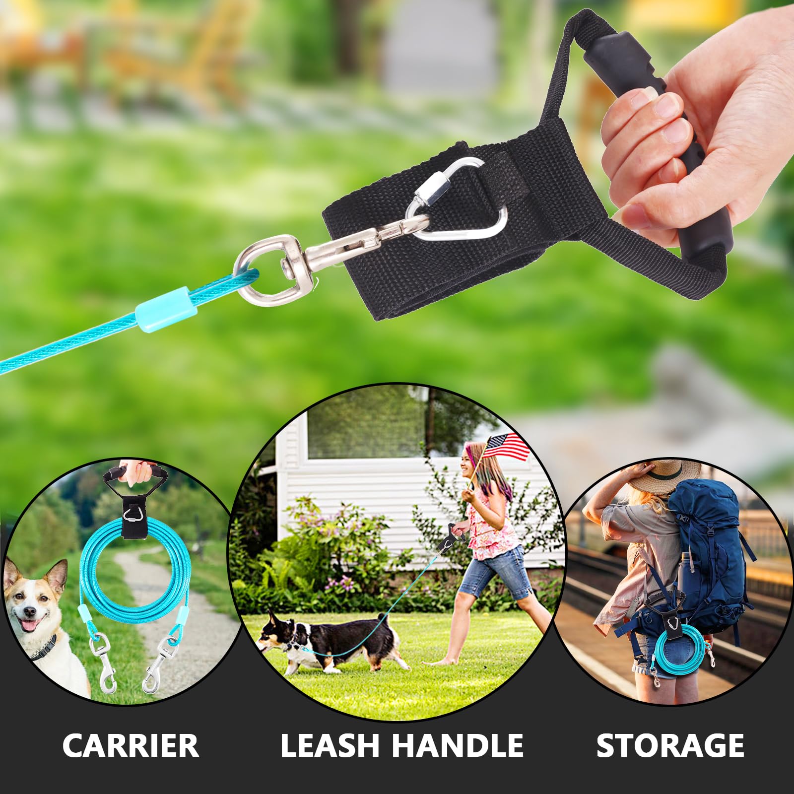Dog Tie Out Cable And Stake,30Ft Outside Dog Run Cable Leash&Chain With Hand Strap For Camping And Yard, 16'' Heavy Duty Anti Ru