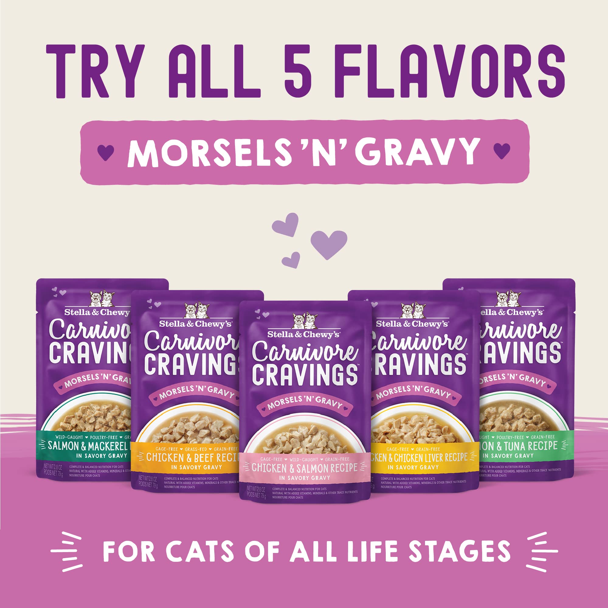 Stella & Chewys Carnivore Cravings Morsels & Gravy Salmon & Mackerel Recipe Wet Cat Food Pouches - (2.8 Ounce Pouch, Case of 12)