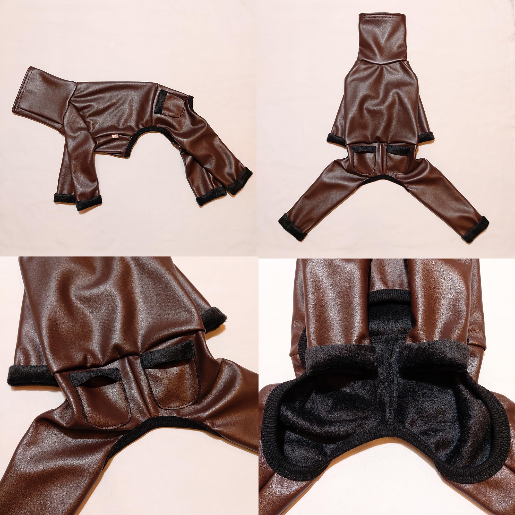 D Doggy Star Italian Greyhound Coat Stretchable Aartificial Leather Fleece Lining Clothes Whippet For Dog (M,Leather Brown)