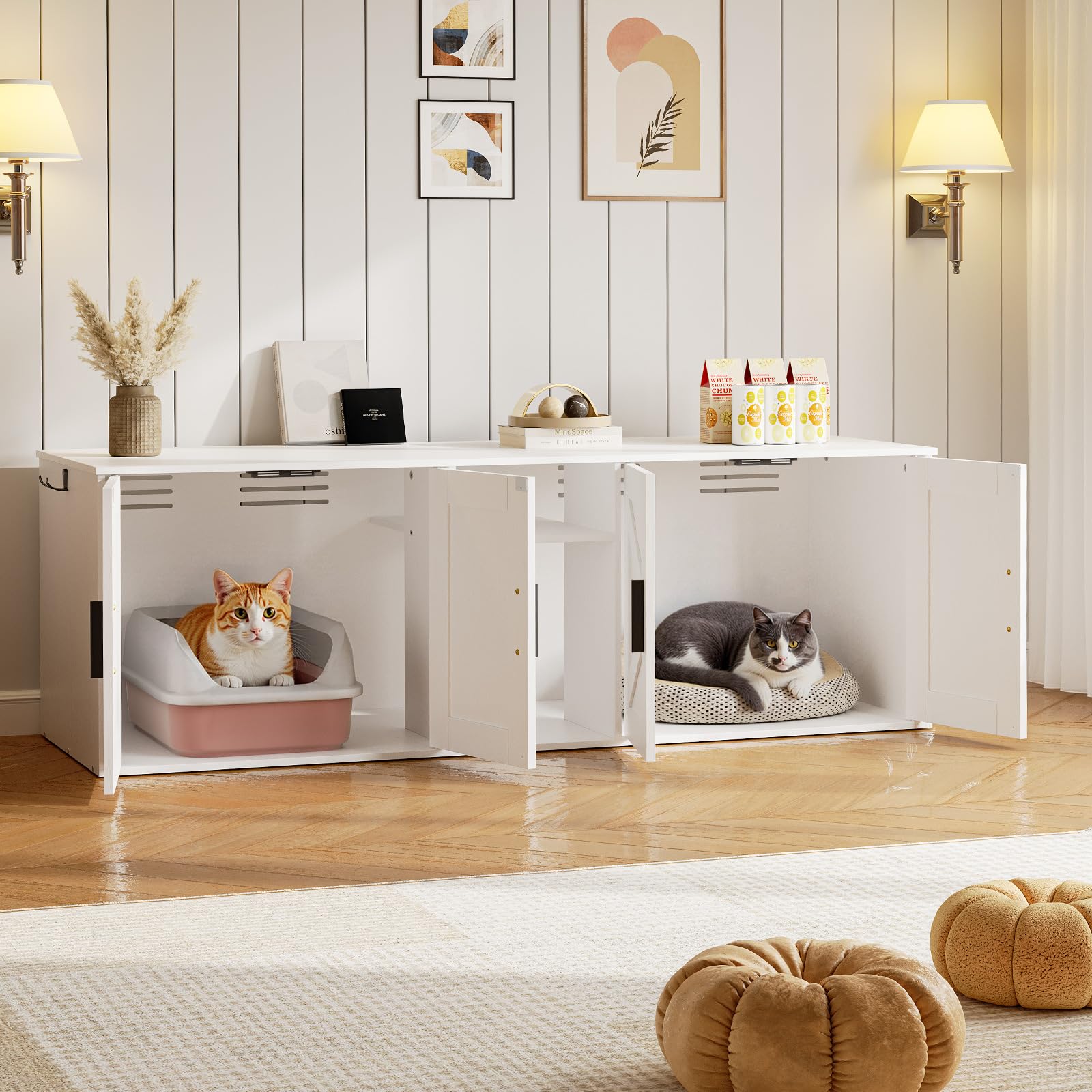 HOOBRO Cat Litter Box Enclosure, Hidden Design with Storage Layer, 58.3"L x 18.9"W x 19.3"H, White, Model WT15MW01