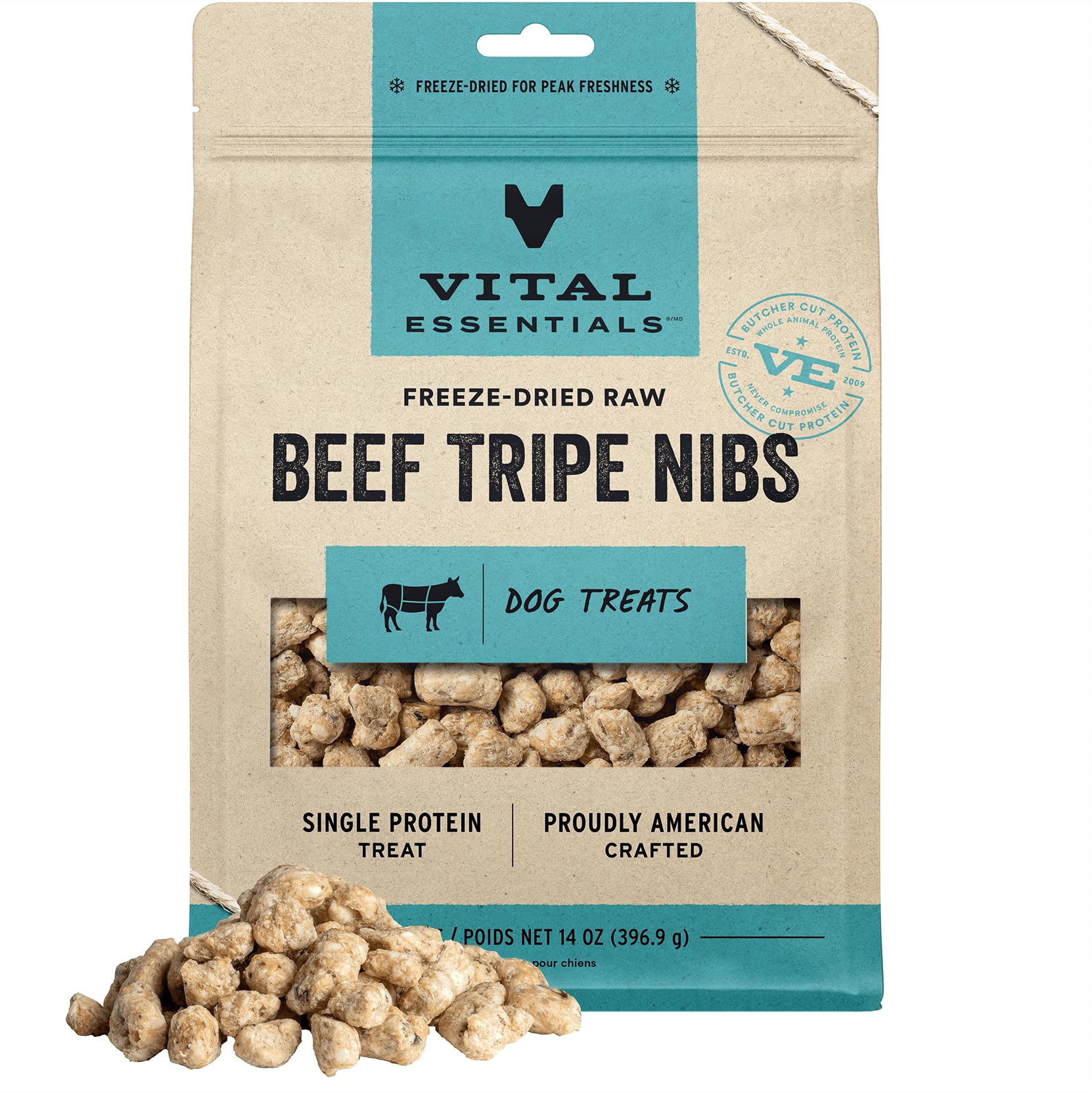Vital Essentials Beef Tripe Nibs Dog Treats, 14 oz | Freeze-Dried Raw | Single Protein | Premium Quality High Protein Training T