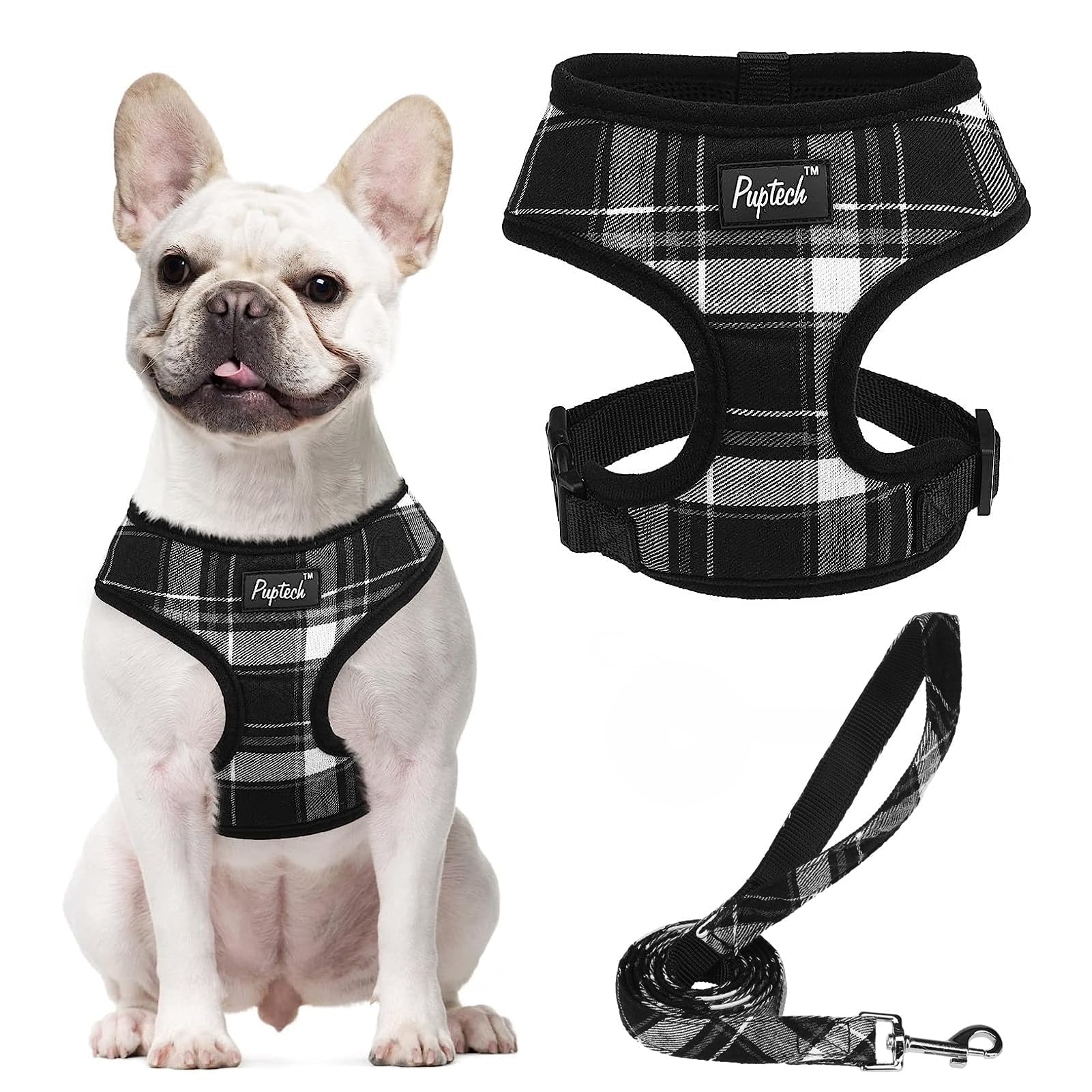 PUPTECK Soft Mesh Dog Harness - Medium Comfort Padded Vest, Black, No Pull, Model BH001BW_M, Ideal for Puppies and Cats