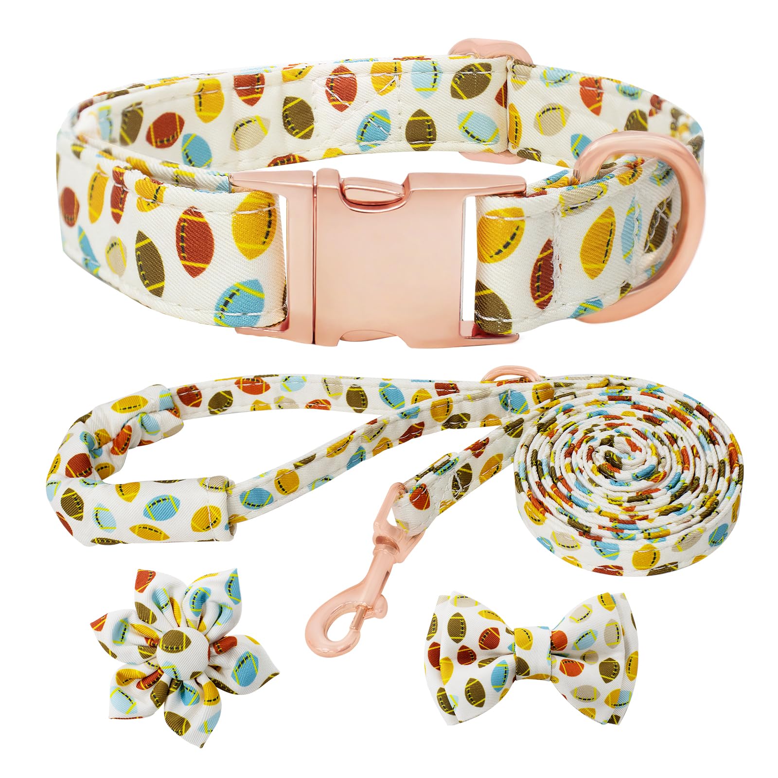 HSIGIO Dog Collar and Leash Set Girls Adjustable Puppy Collars with Floral Bow Tie for Small Medium Large Female Dogs, Rugby, XS