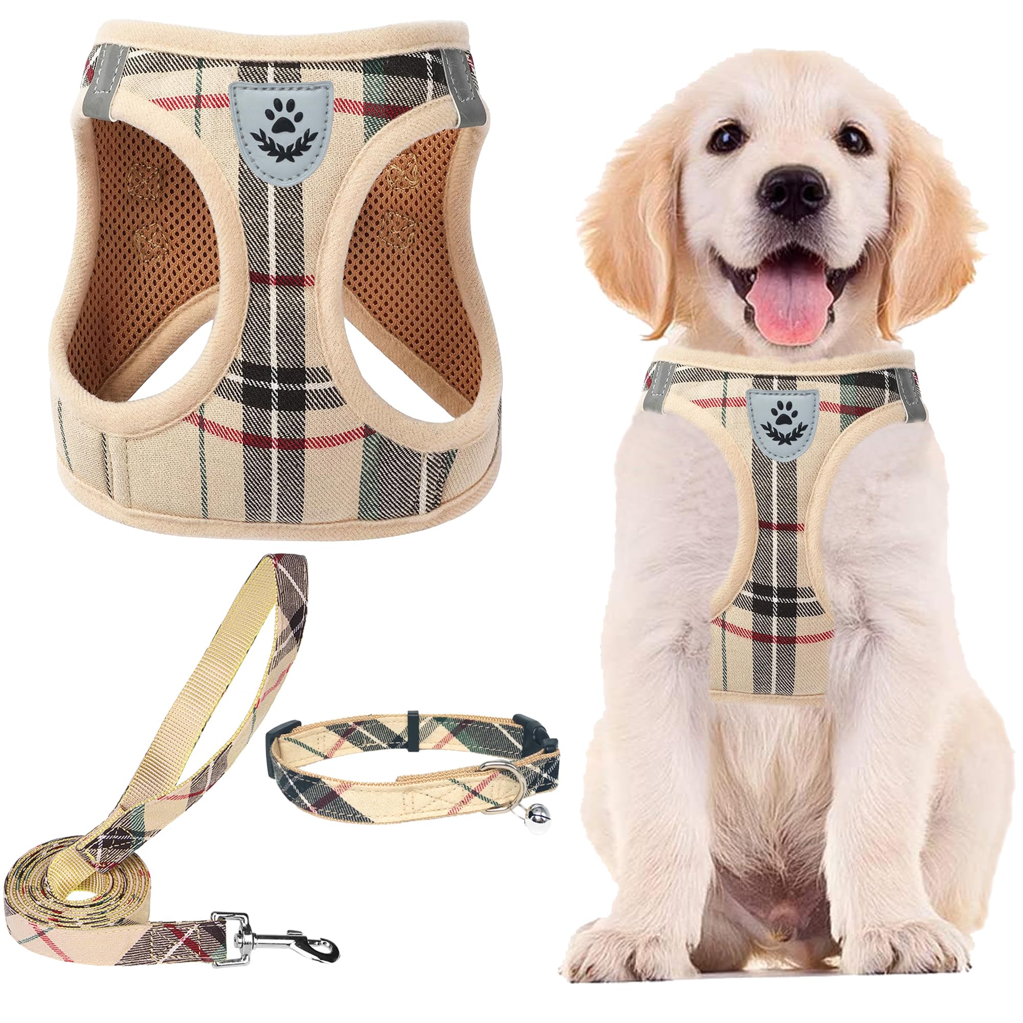 Pupteck Adjustable Dog Harness Collar And Leash Set, Step In No Pull Pet Harness For Small Medium Dogs Puppy Cats Outdoor Walking, Soft Mesh Padded Reflective Vest Harnesses, Light Pink Alpaca, Xs