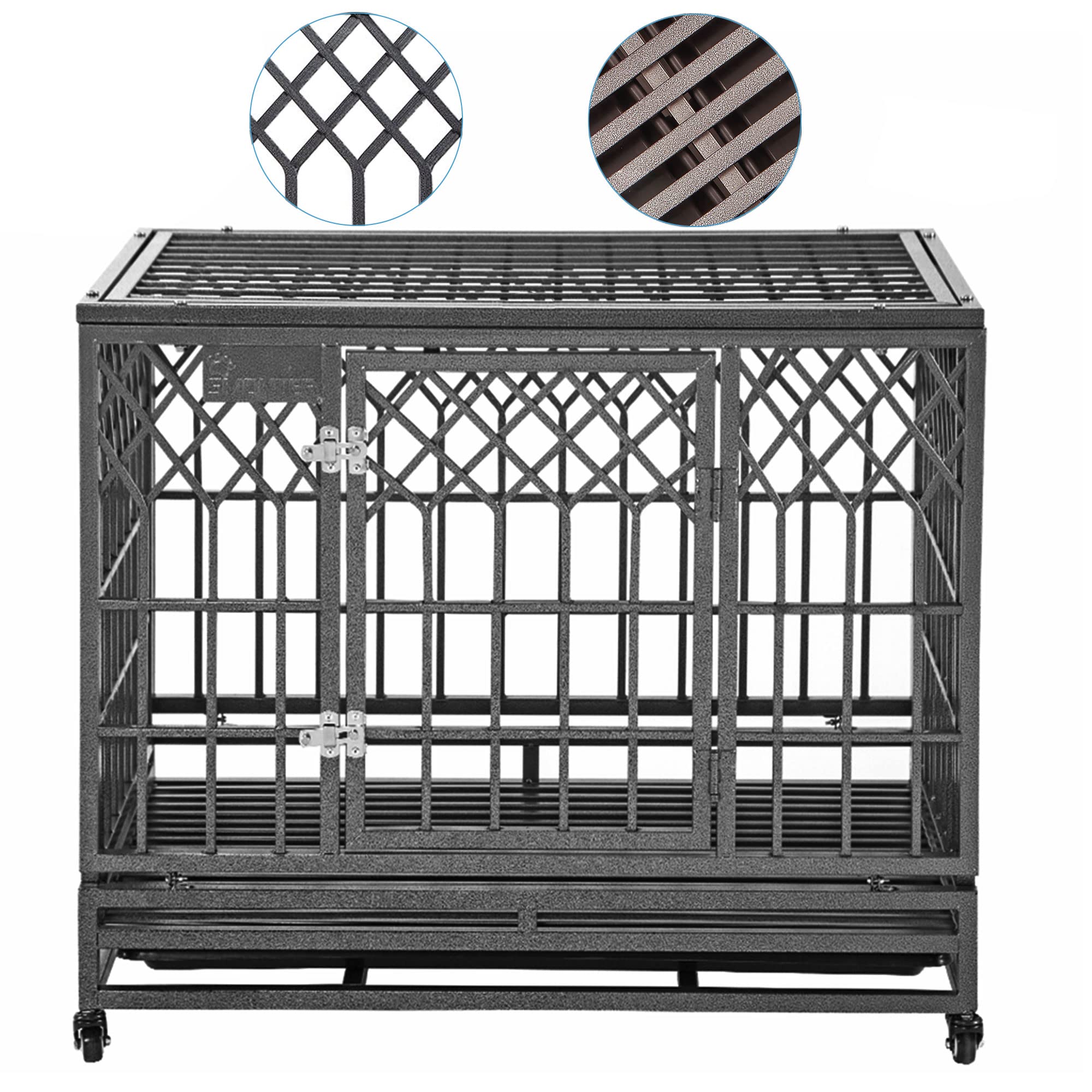 Smonter Heavy Duty Dog Cage For Large Dog Strong Metal Kennel And Crate Pet Playpen With Three Doors, Four Wheels,38 Inch,Y Shap