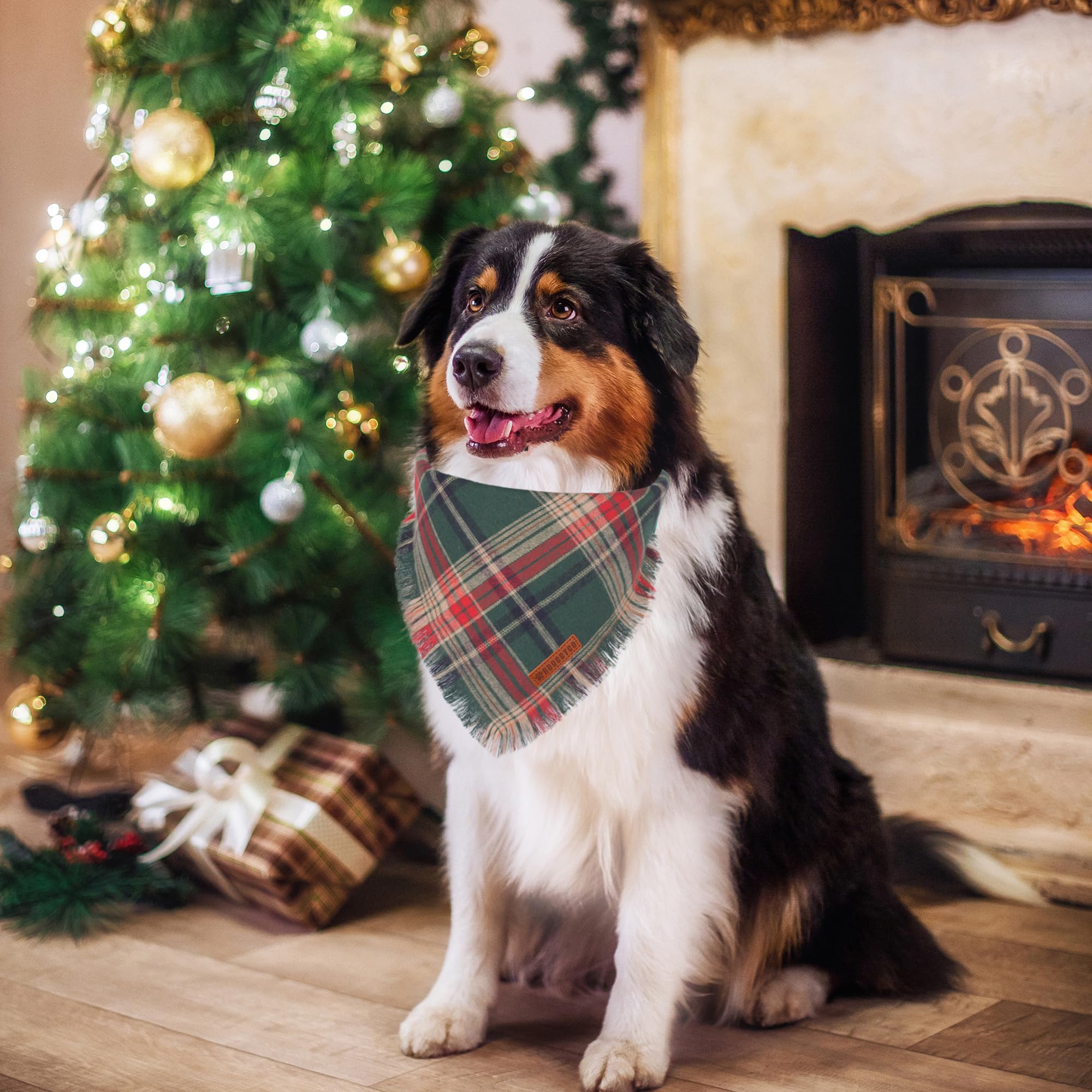 Adoggygo Christmas Dog Bandanas With Tassels Edges, Stylish Plaid Dog Christmas Scarf Bib, Multiple Sizes Offered, Plaid Bandanas For Large And Extra Large Dogs (Christmas-1, X-Large)