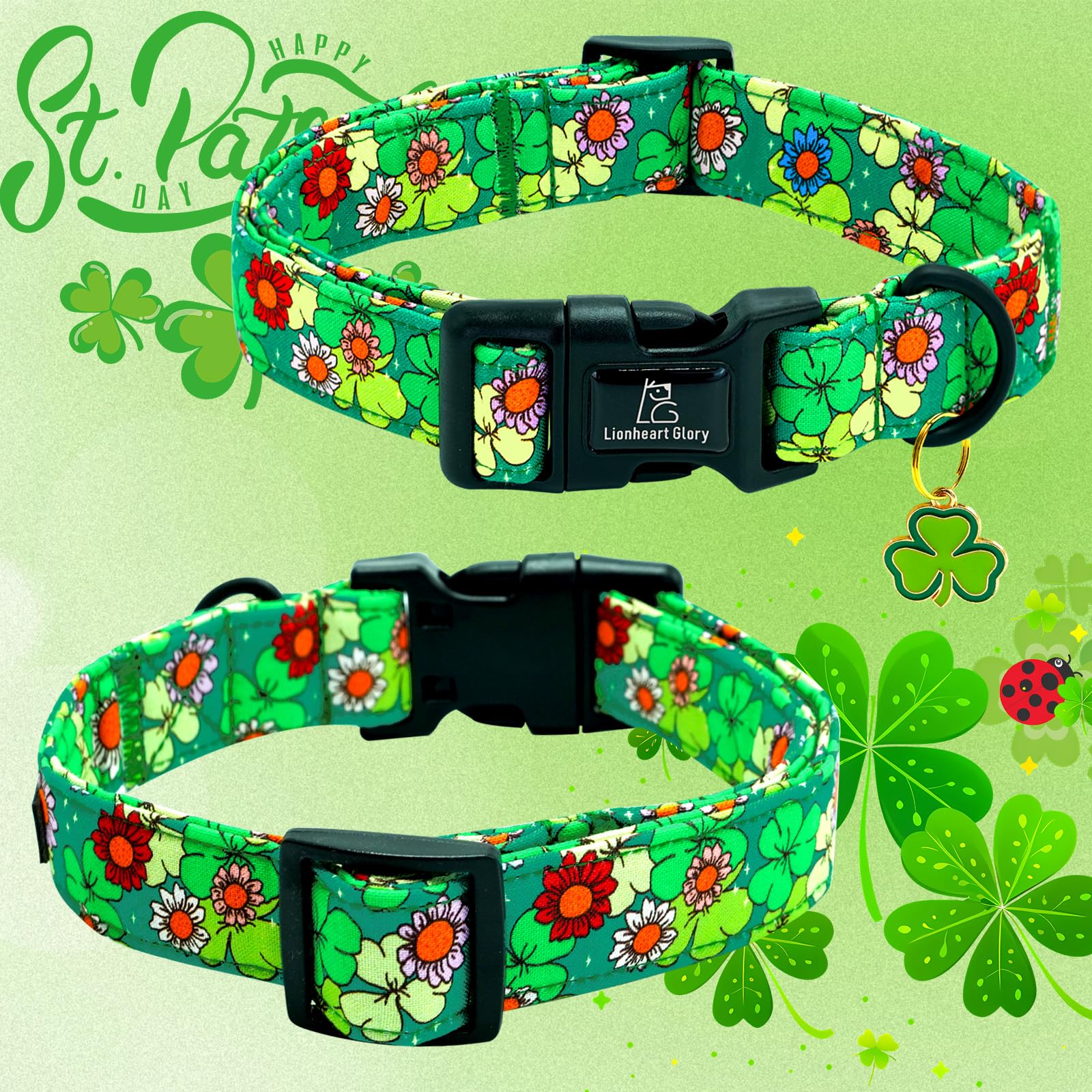 Lionheart Glory St. Patrick Dog Collar-Lucky Clover Shamrock Green Collars For Small Dogs Spring Trefoil Dog Collar Adjustable H